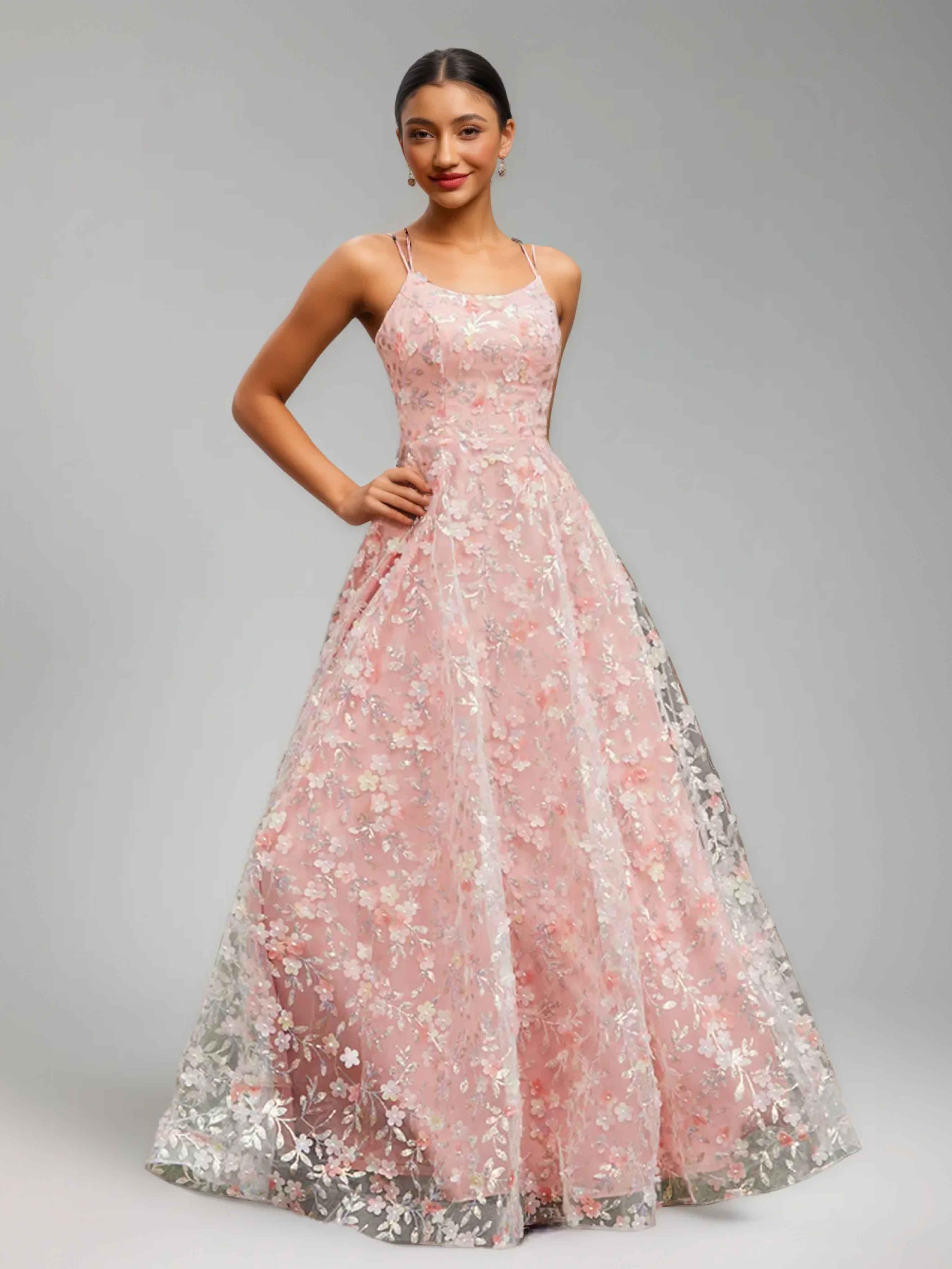 Iraelindra Princess A-Line Spaghetti Straps Long Flowers Appliqued Prom Dresses