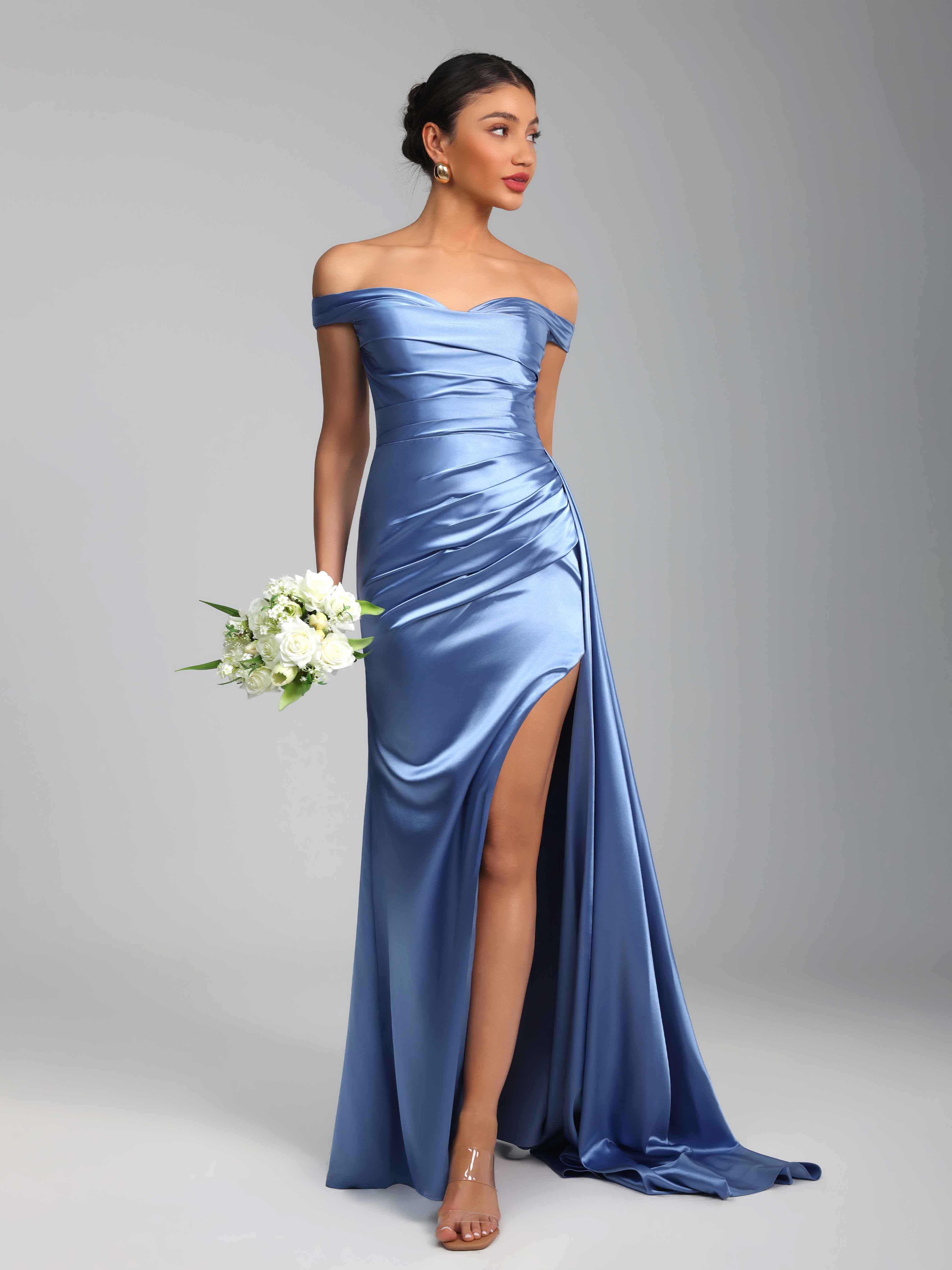 Iraelith Charming Sheath Off the Shoulder Slit Long Satin Prom Dresses