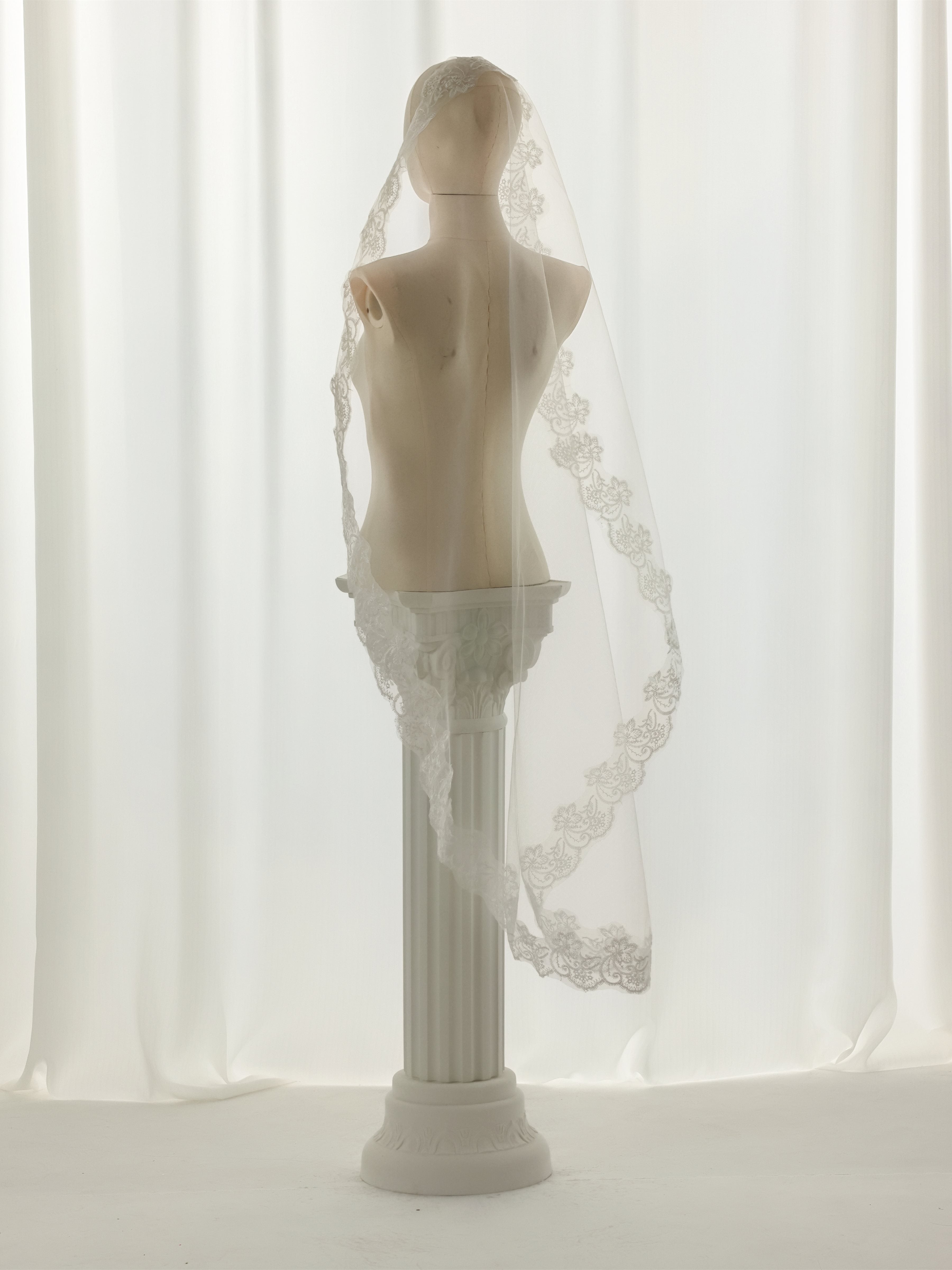 Ivory Mantilla Wedding Veil with Floral Lace Border