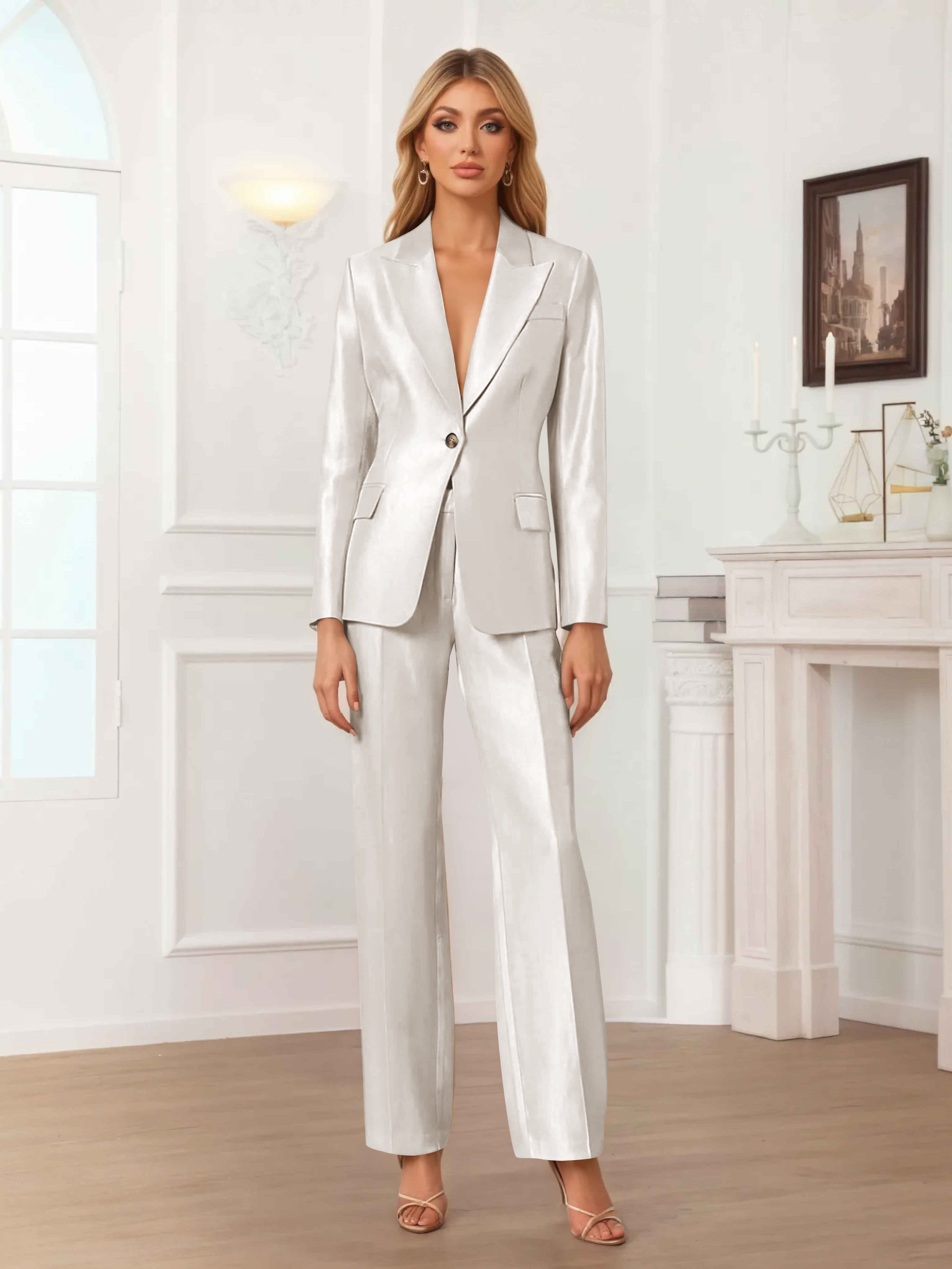 Women's 2 Pieces Peak Lapel One-Button Satin Formal Suit Set UK