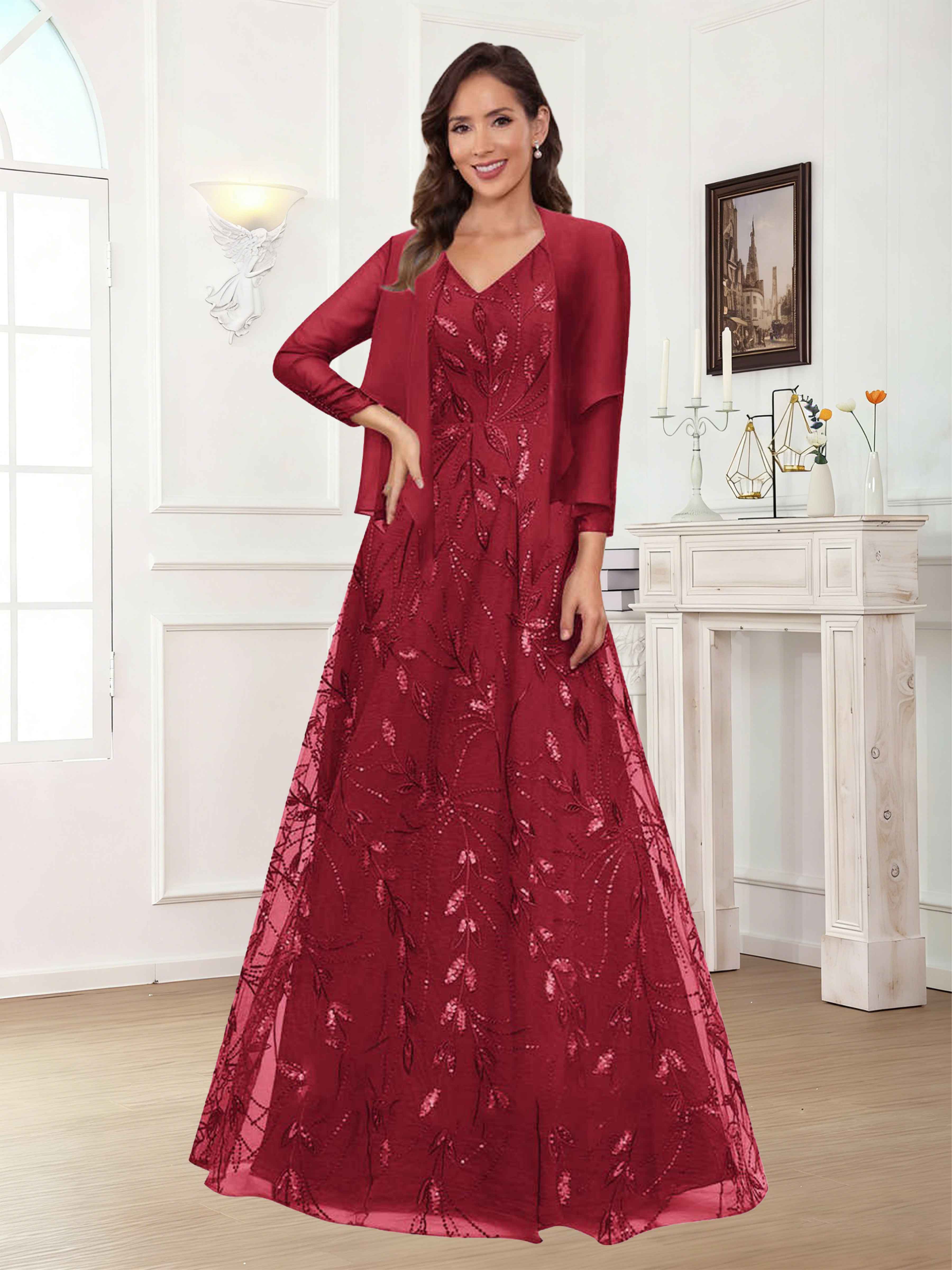 Jaelwyn Modest A-Line Two Pieces Leaf Sequin Mother Of The Bride Dresses