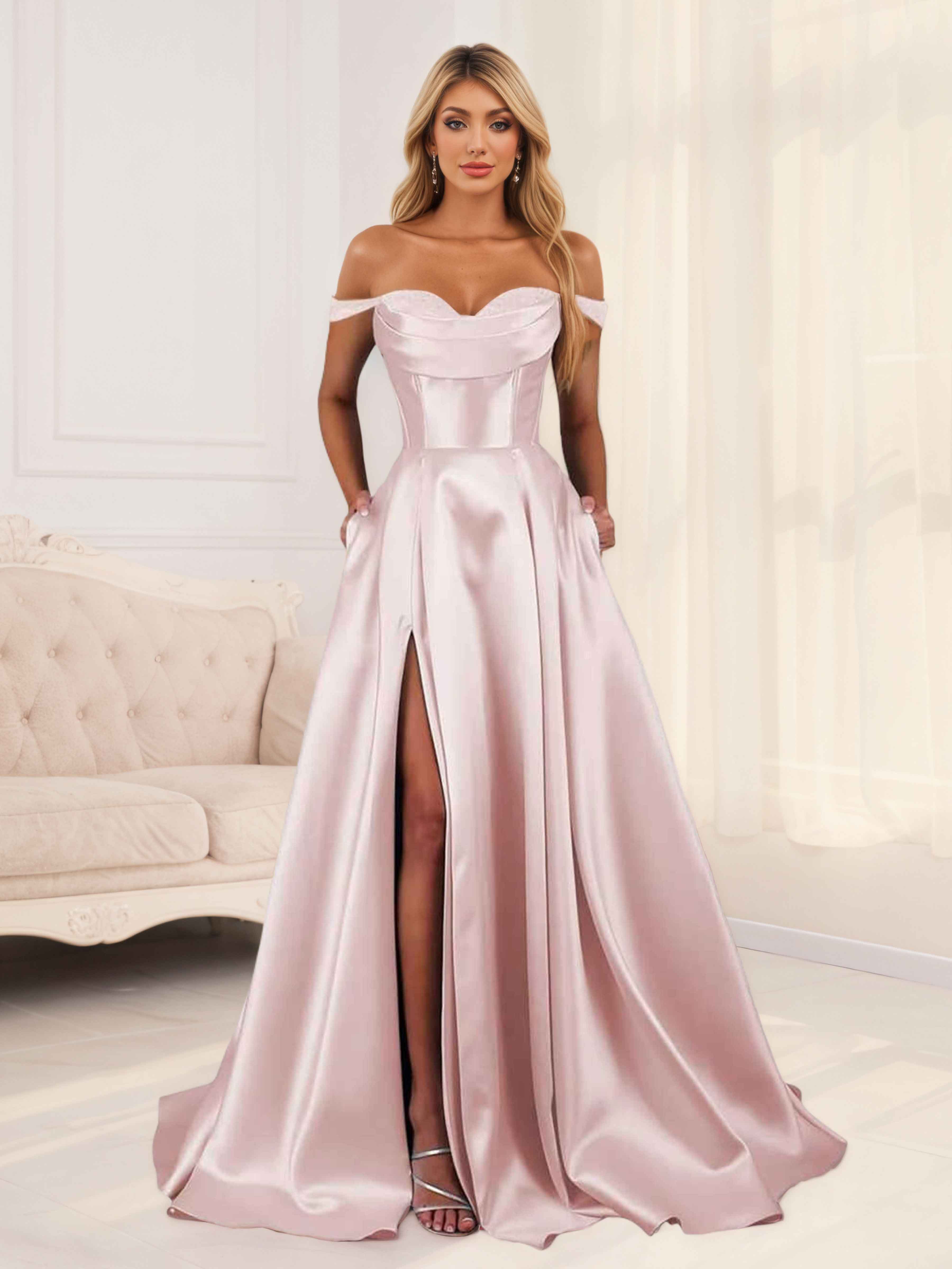 Kaida Glamorous A-Line Off the Shoulder Pleated Slit Satin Formal Dresses