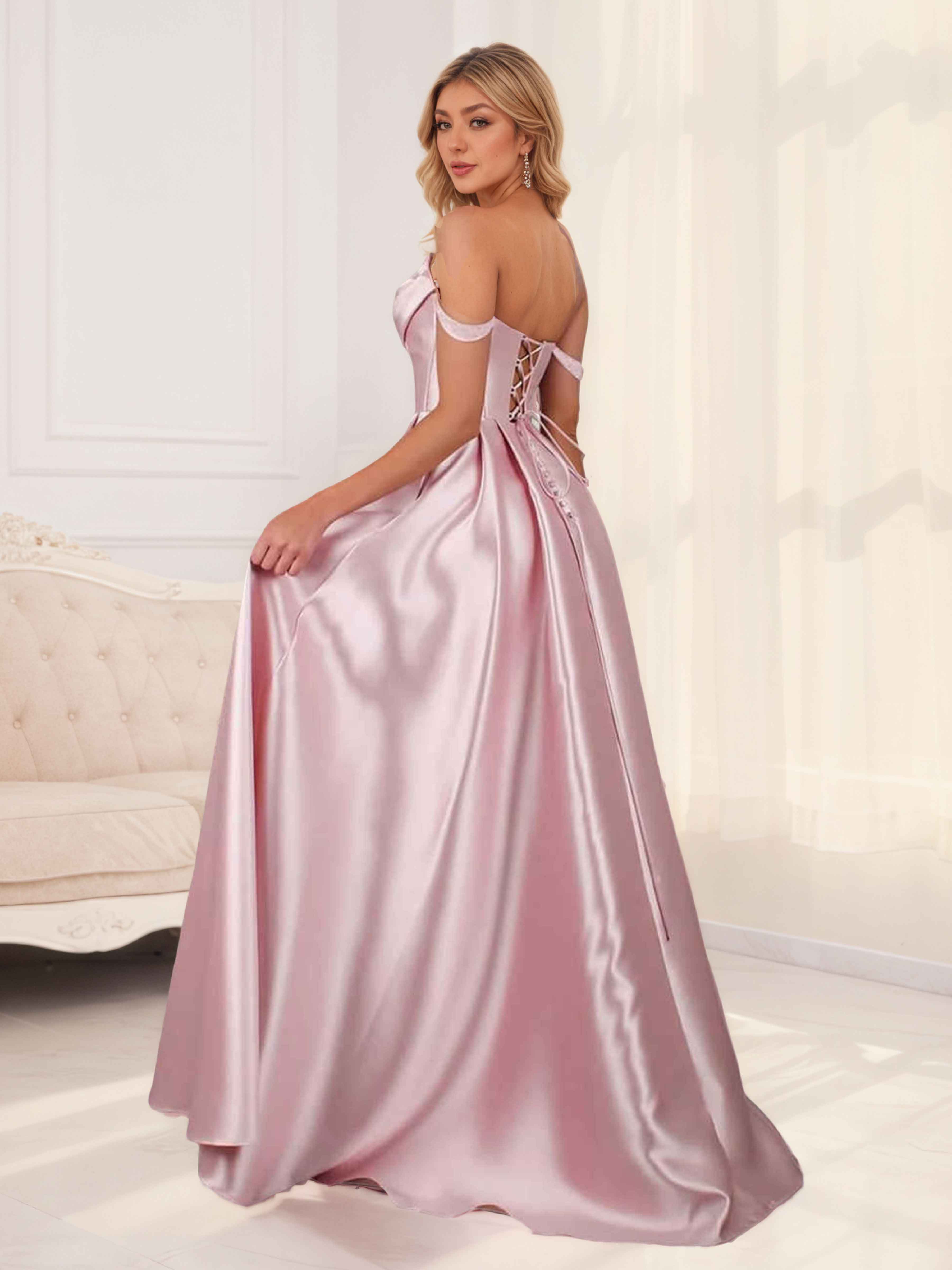 Kaida Glamorous A-Line Off the Shoulder Pleated Slit Satin Formal Dresses