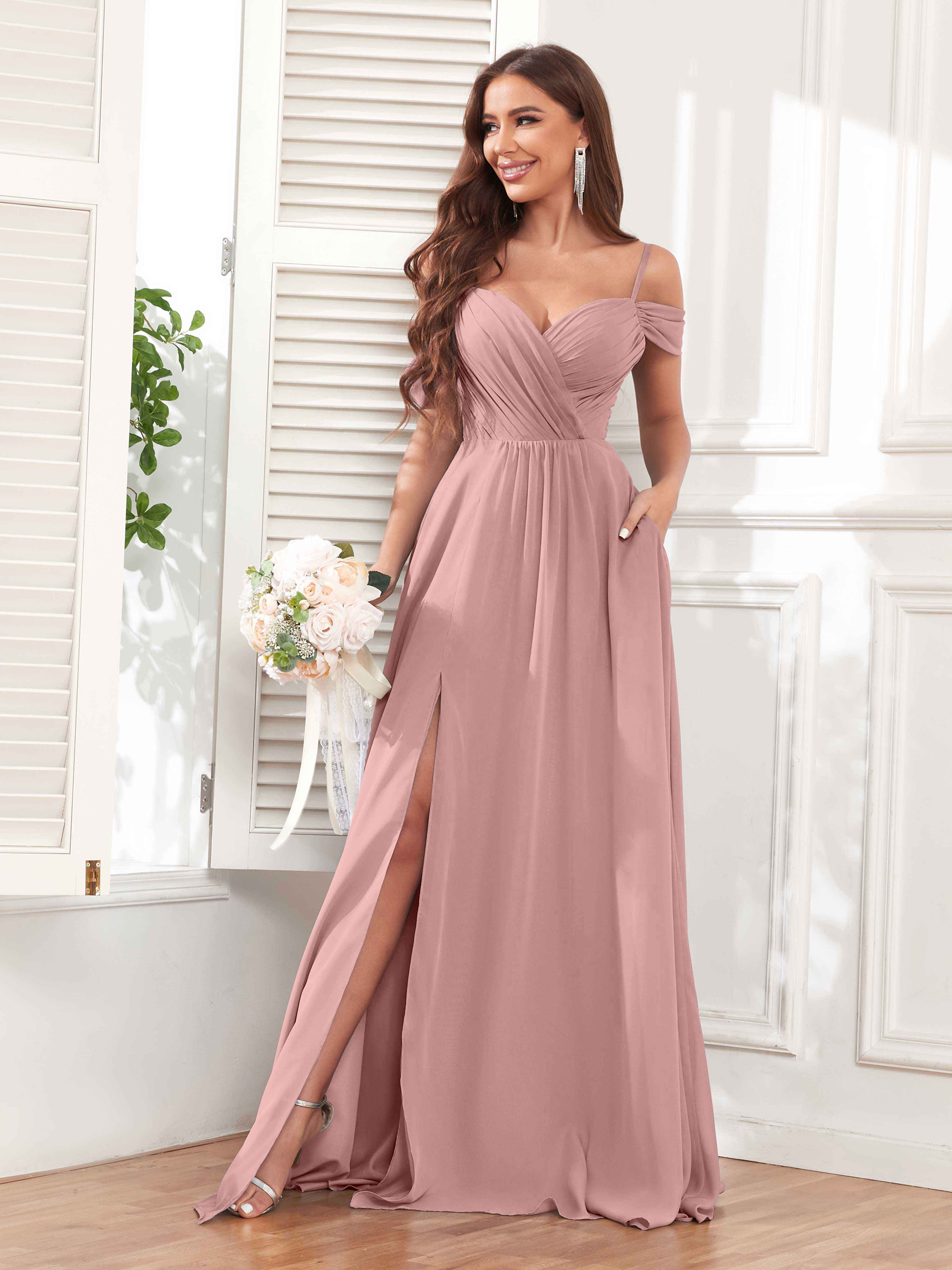 Kali Romantic Pleated Slit Maxi Chiffon Bridesmaid Dresses