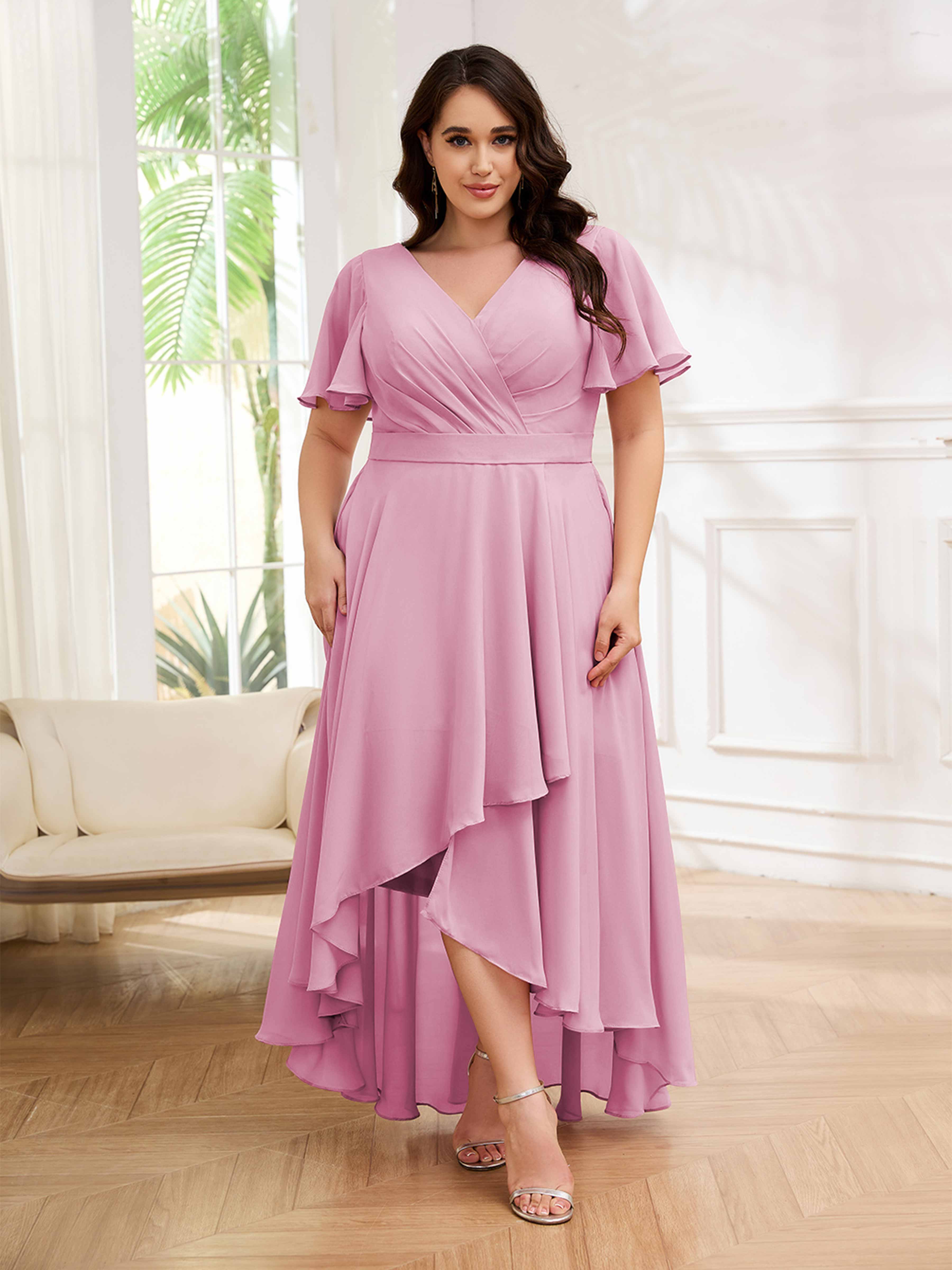 Katalina A Line Short Sleeves Ruched High Low Chiffon Plus Size Bridesmaid Dresses