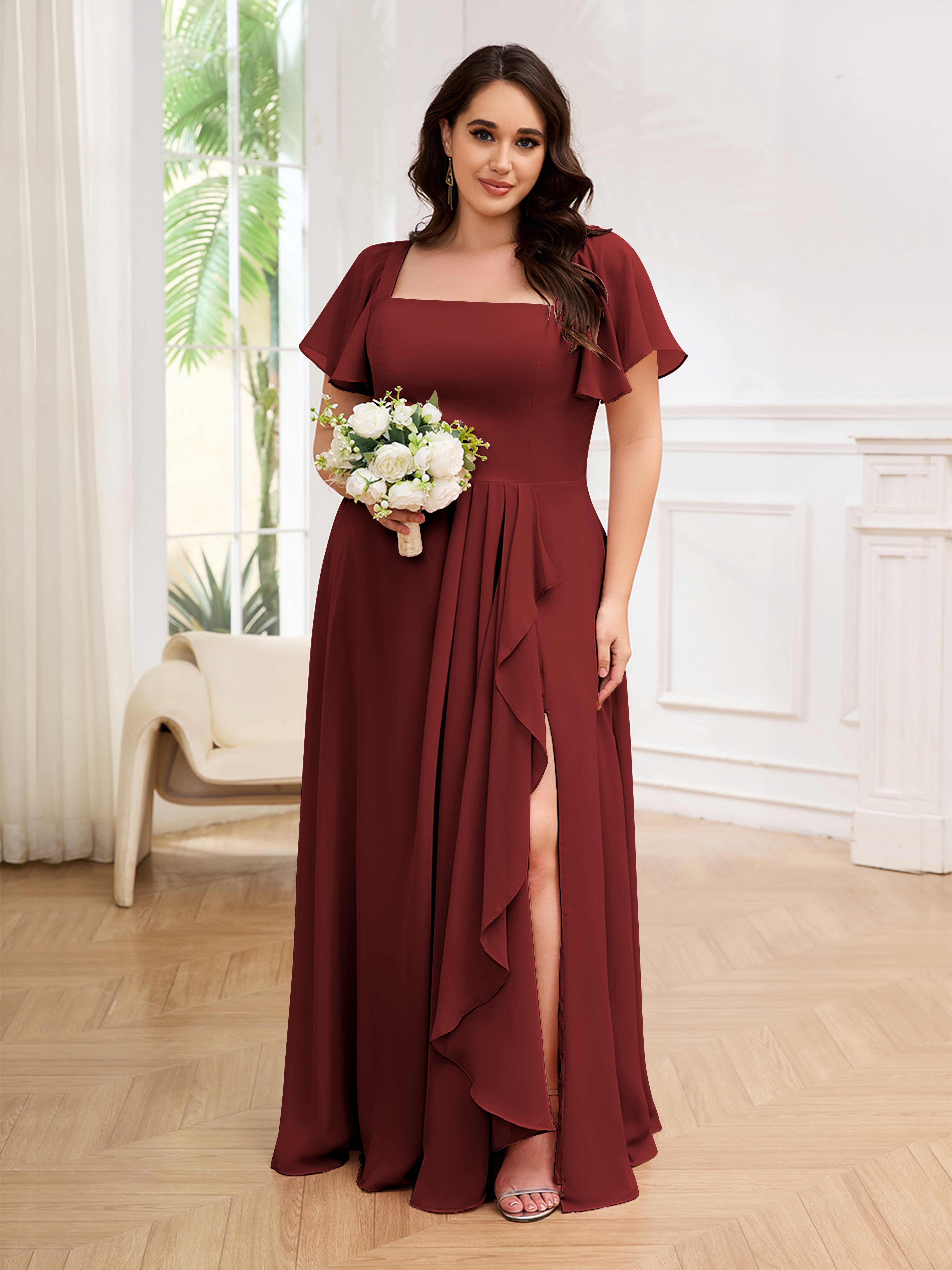 Katie Chic Square Ruffles Slit Chiffon Plus Size Bridesmaid Dresses