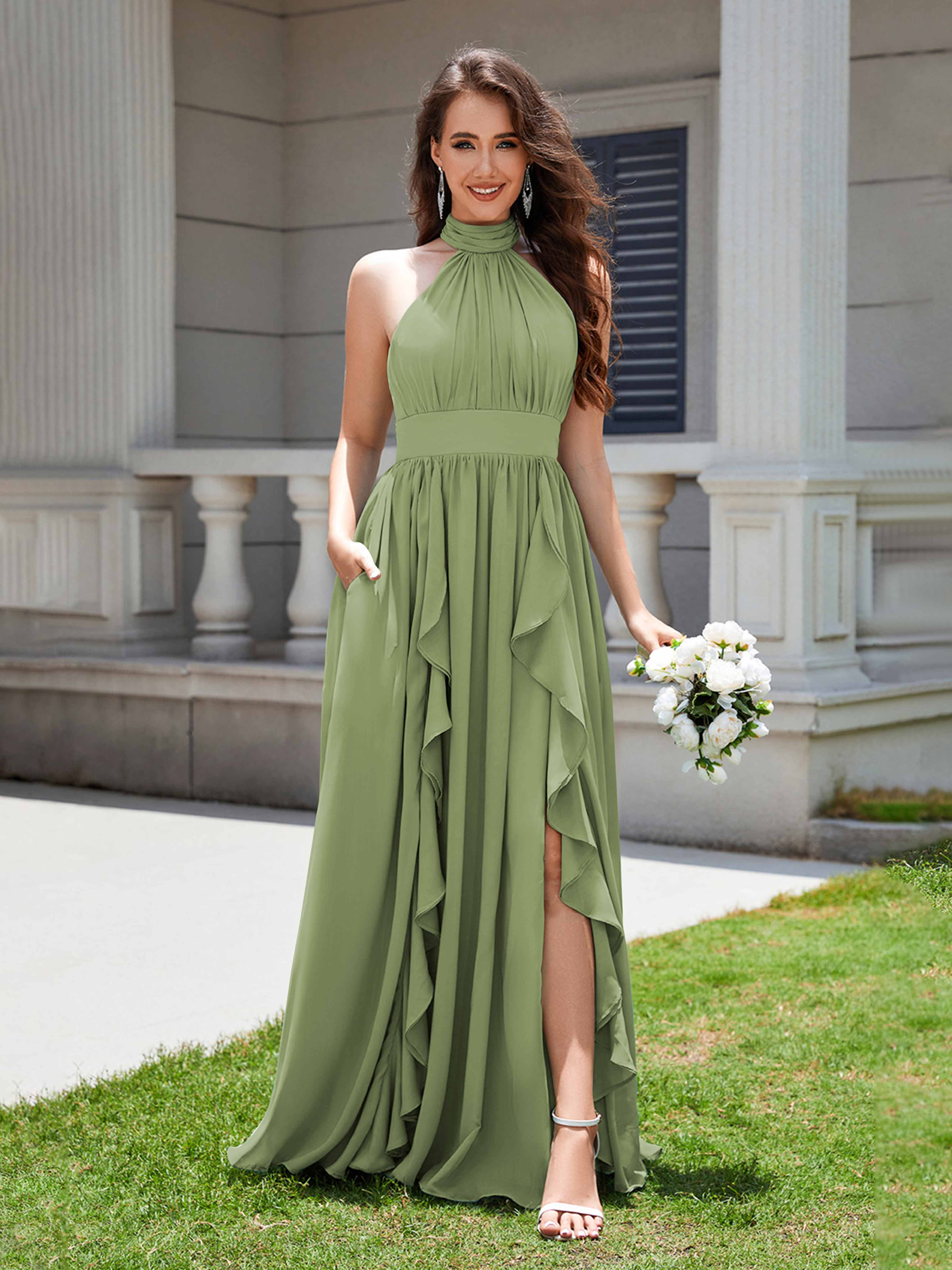 Kenzie Modest Halter Ruffles Floor Length Chiffon Bridesmaid Dresses