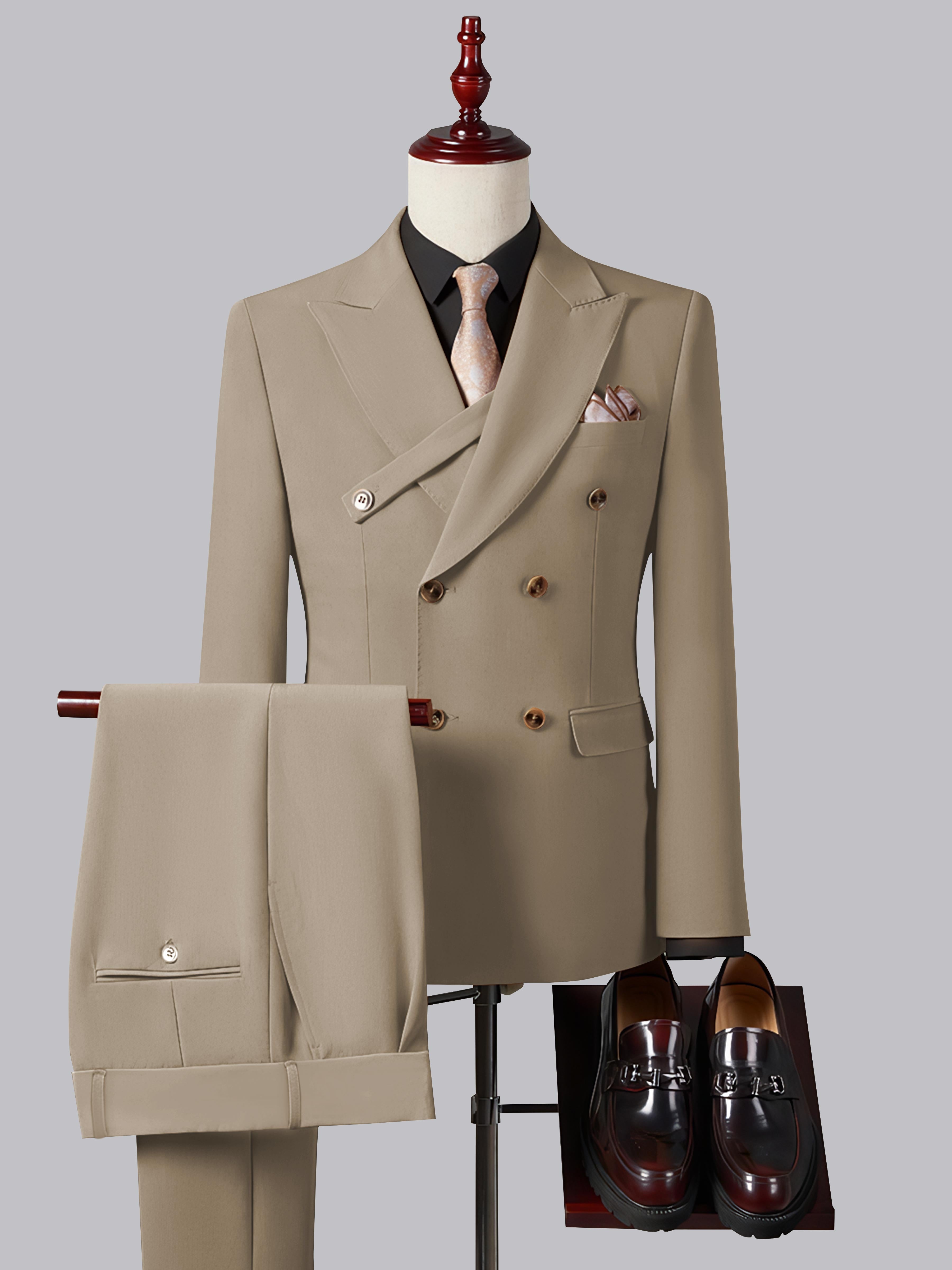 Refined Slim Fit Double Breasted Men's 2 Pieces Peak Lapel Suit with Strap