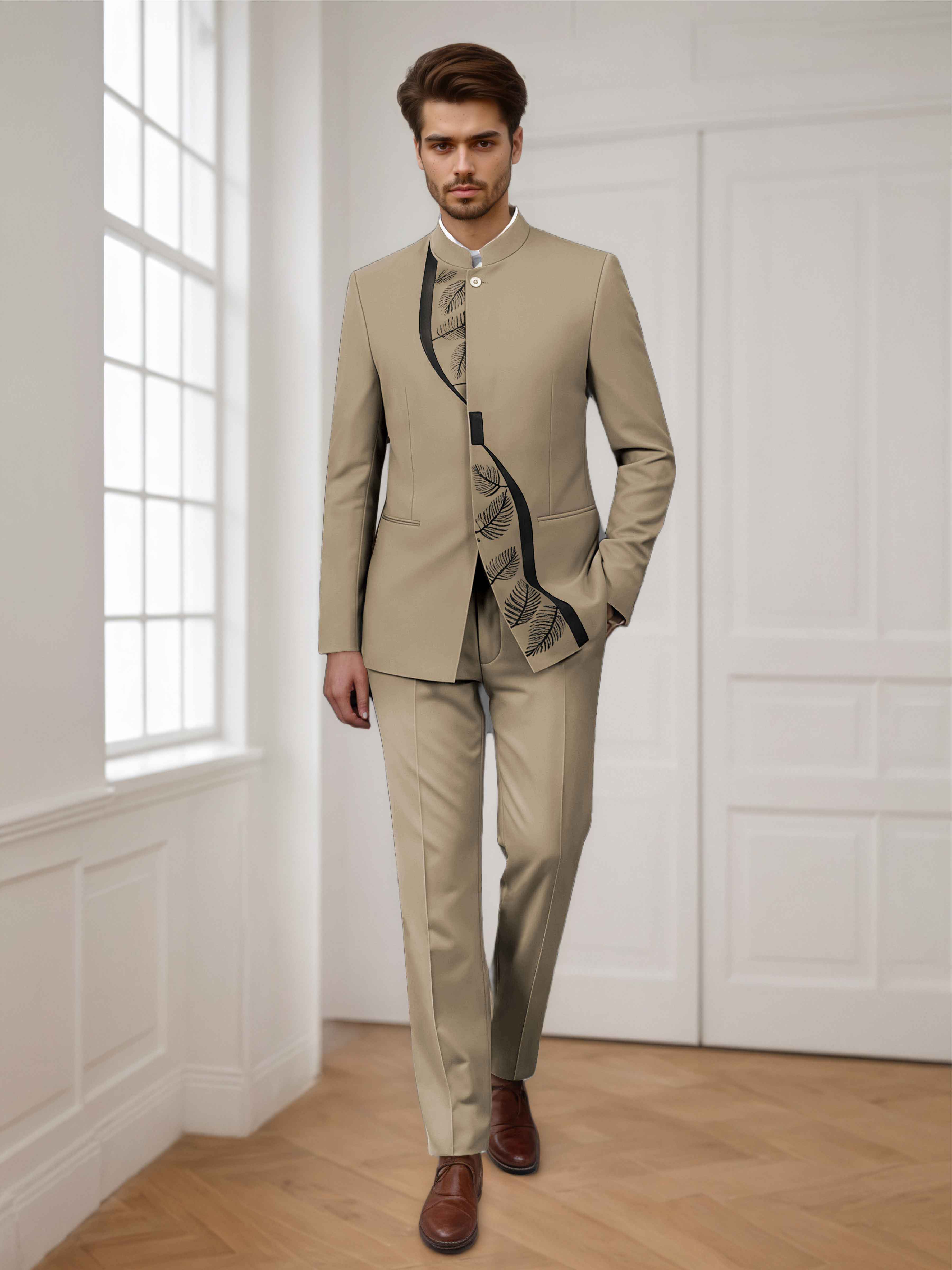 Trendy 2 Pieces Men's Embroidered  Stand Lapel Formal Suit UK