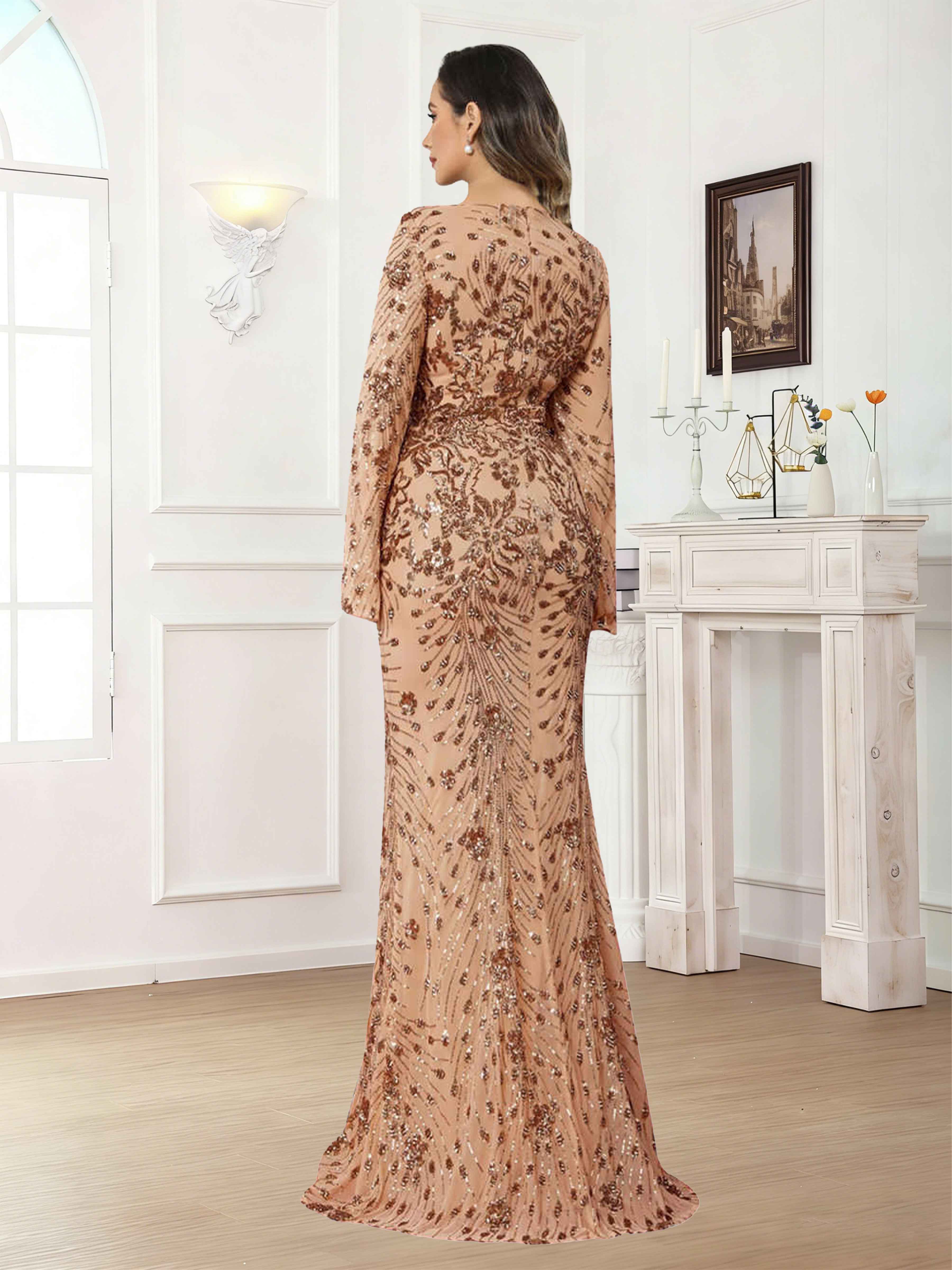 Kraelwyn V-neck Long Sleeves Floor Length Sequin Mother of the Bride Dresses