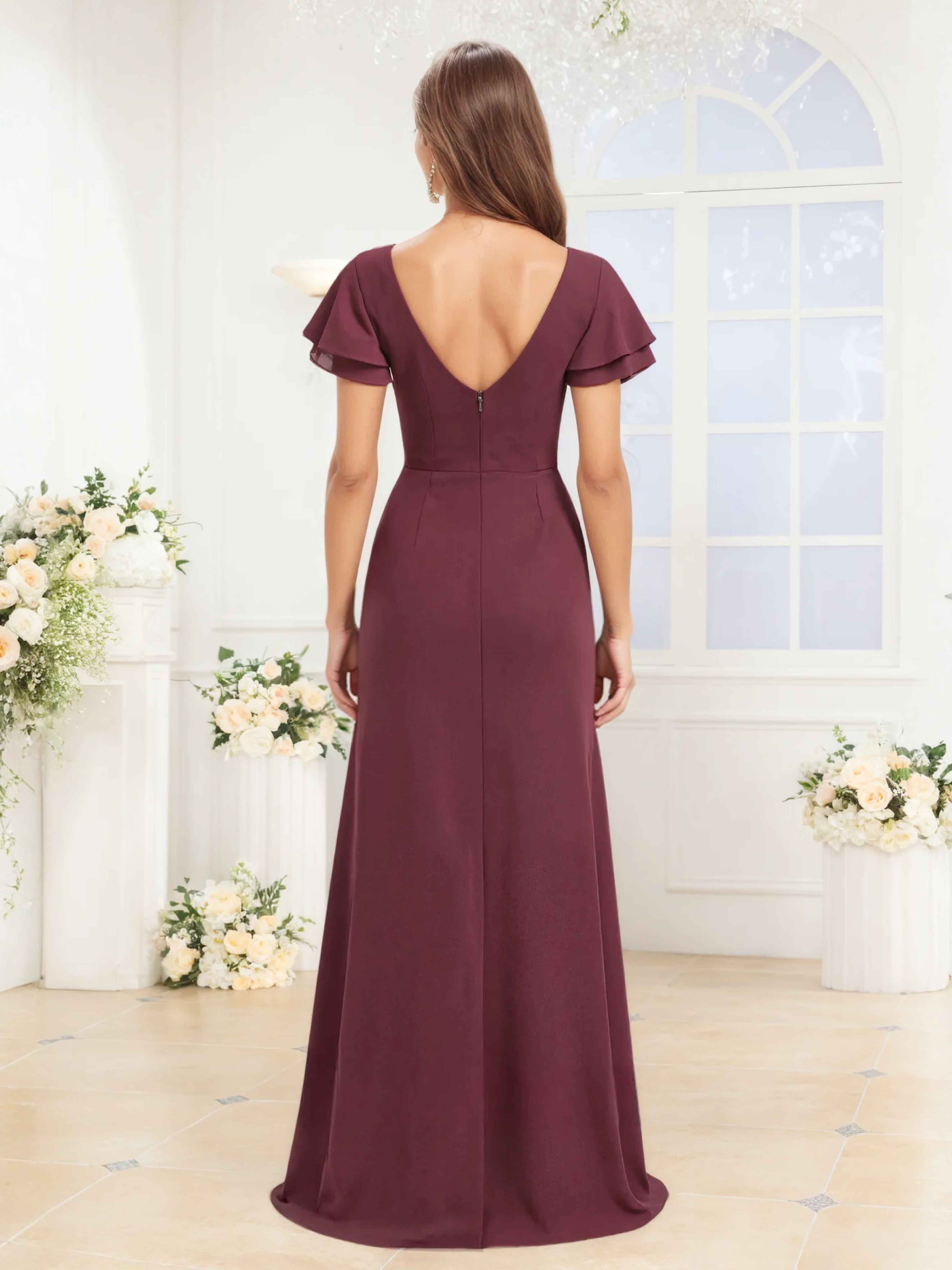 Laelia Modest Scoop Ruched Slit Floor Length Chiffon Bridesmaid Dresses