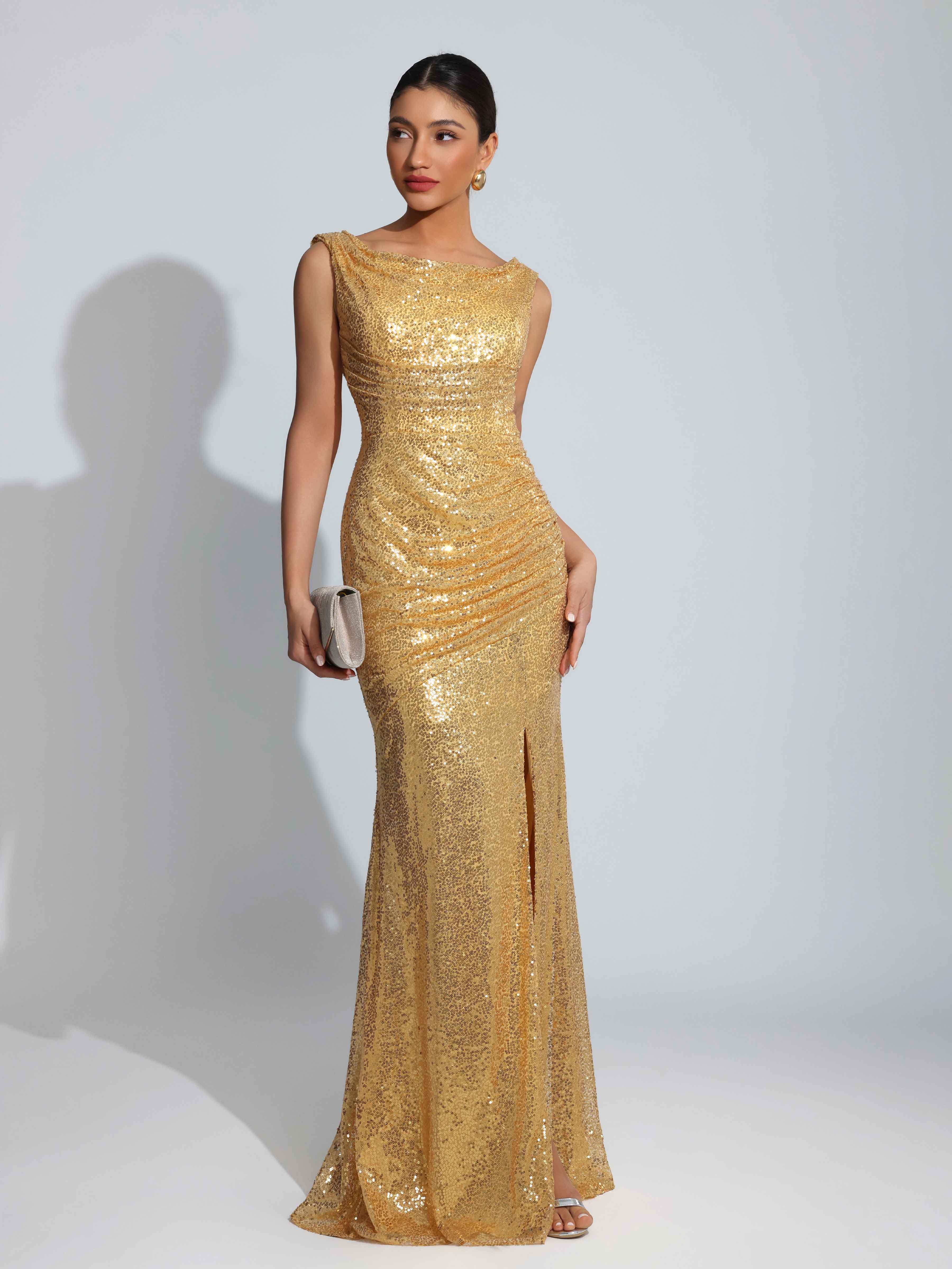 Laelith Sparkling Cowl Ruched Slit Long Sequins Prom Dresses