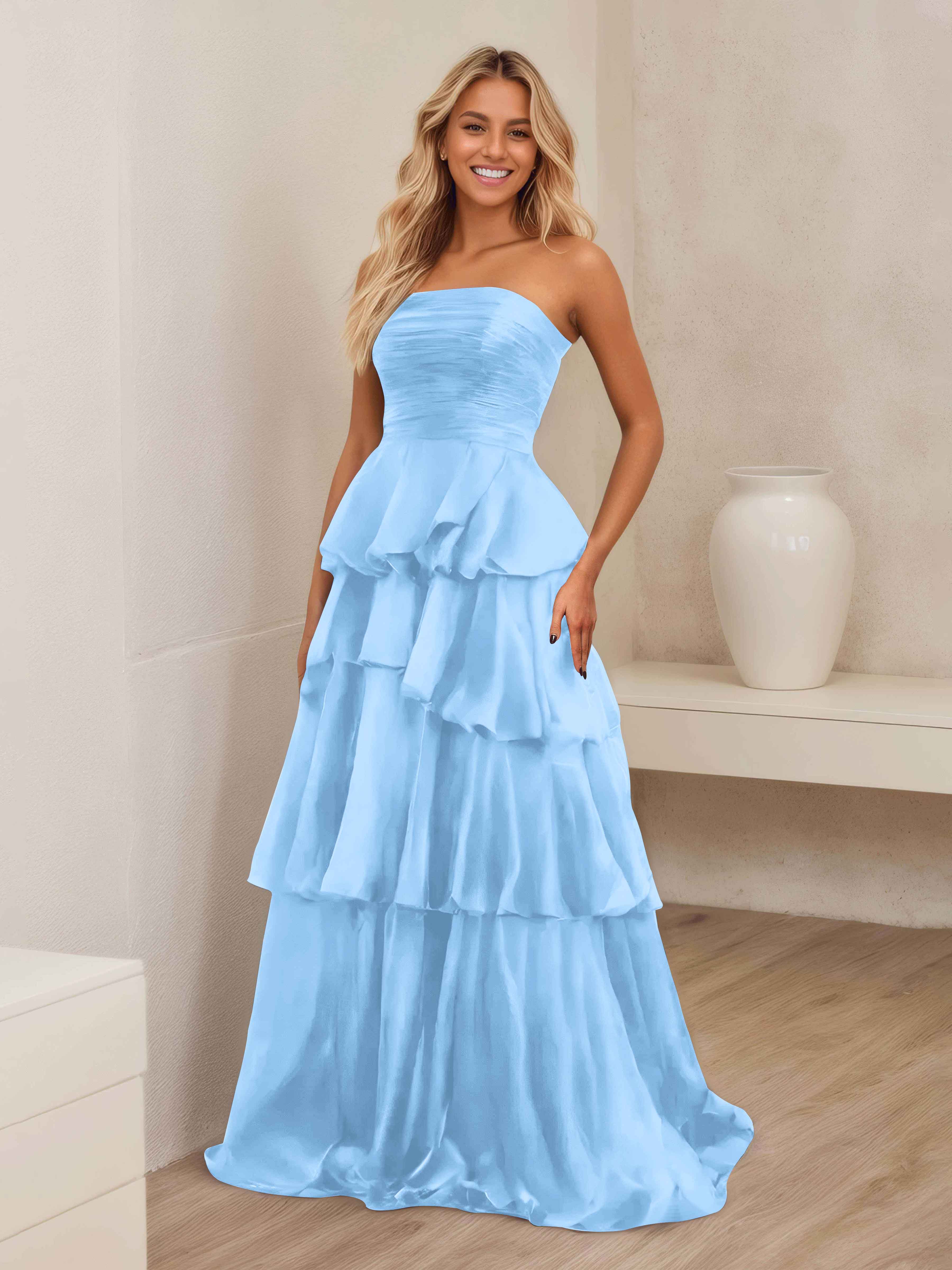 Ellianna Trendy Strapless Tiered Long Satin Formal Dresses