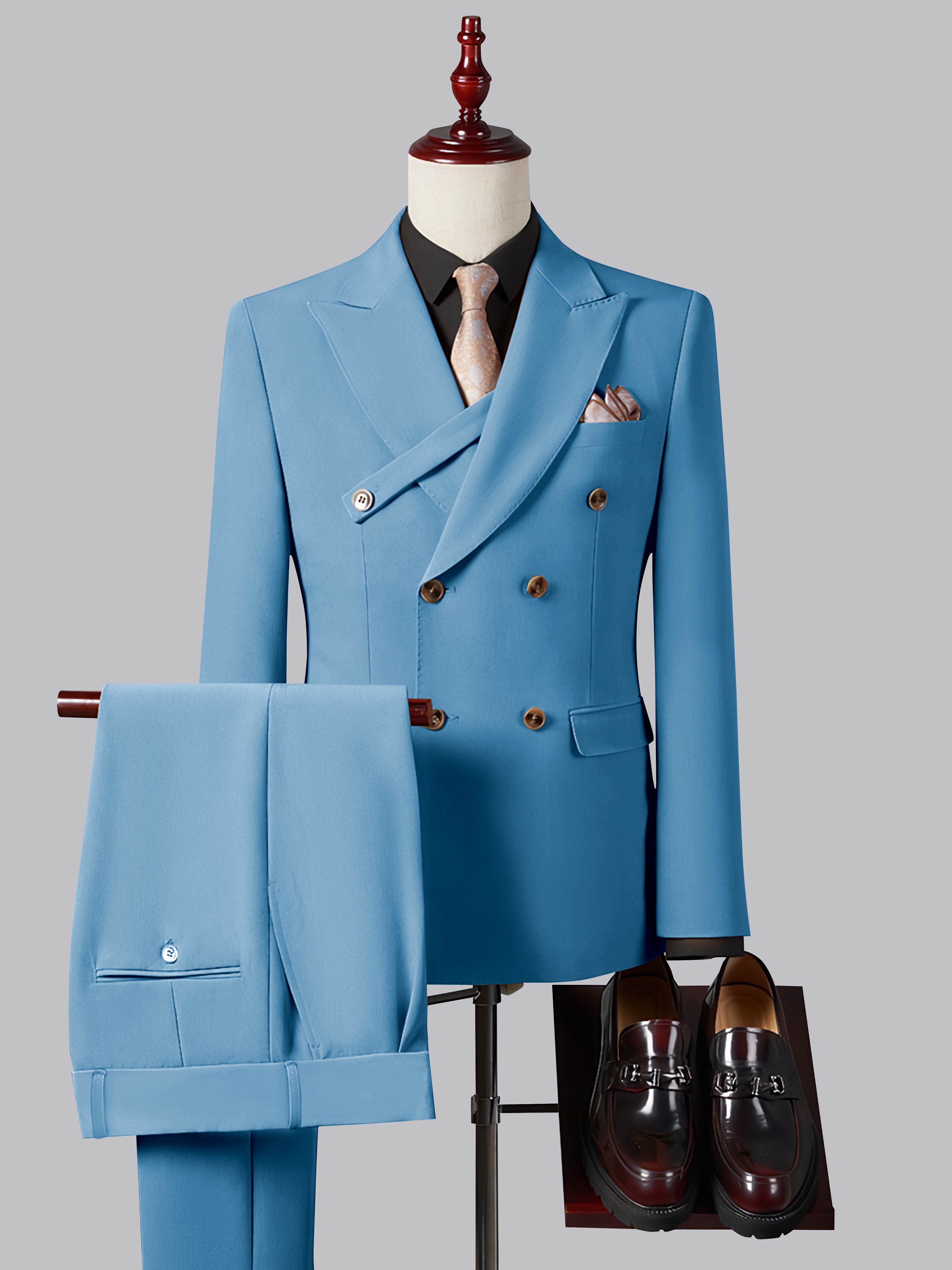 Refined Slim Fit Double Breasted Men's 2 Pieces Peak Lapel Suit with Strap