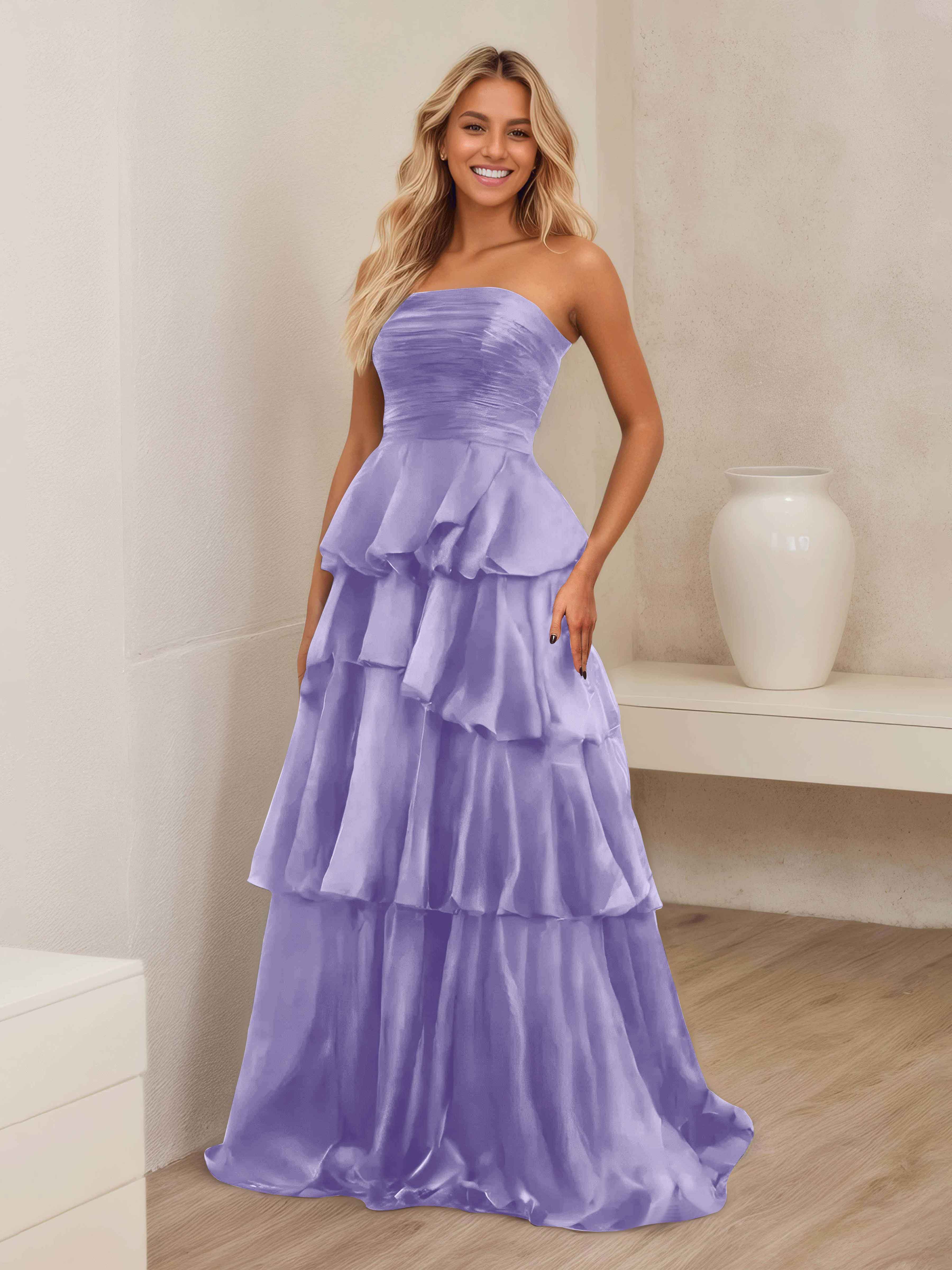 Ellianna Trendy Strapless Tiered Long Satin Formal Dresses