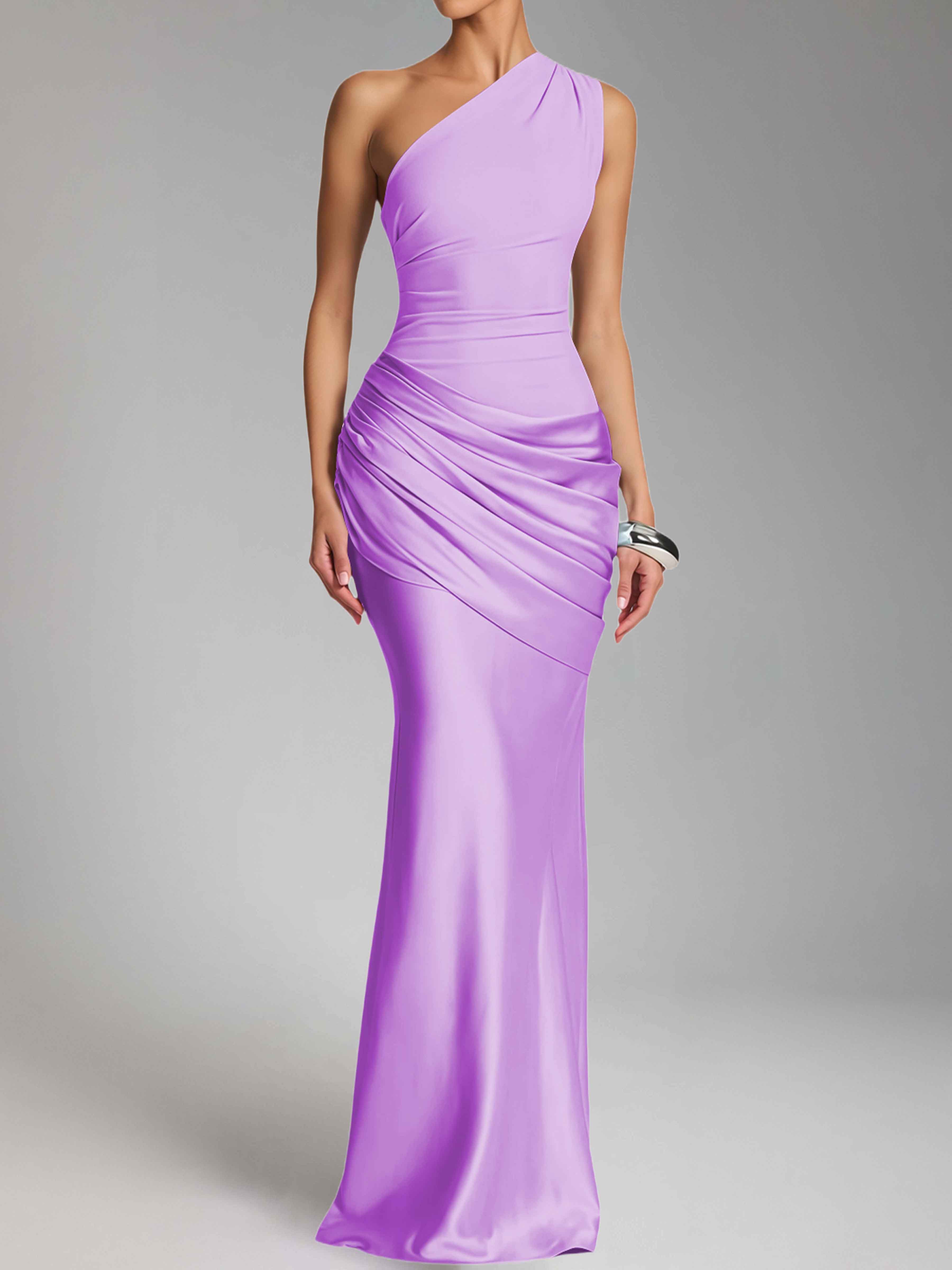 Jaelithra Elegant One Shoulder Pleated Satin Long Prom Dresses