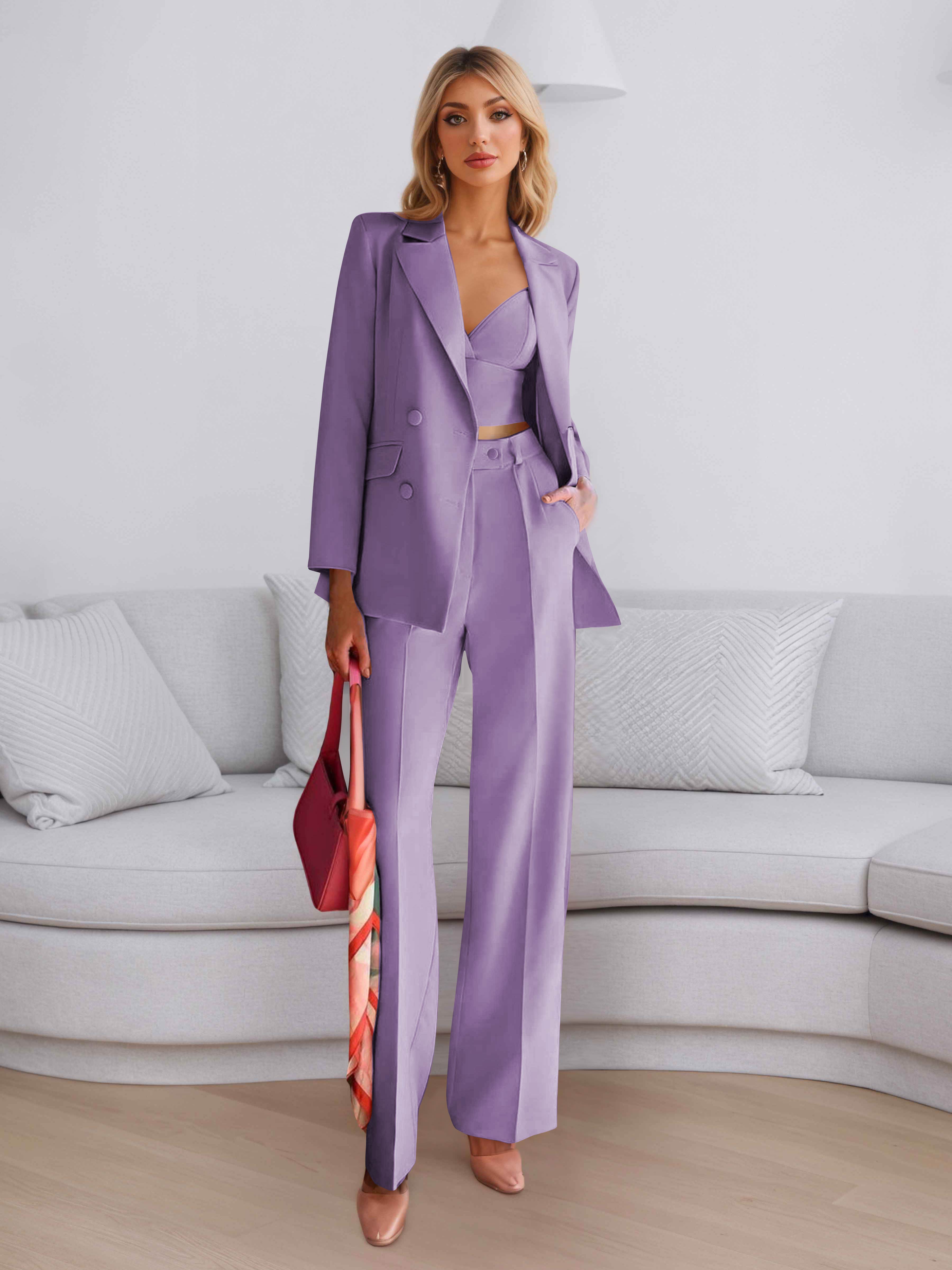 Elegant Women's 3 Pieces Solid Formal Blazer and Pants Suit Set UK
