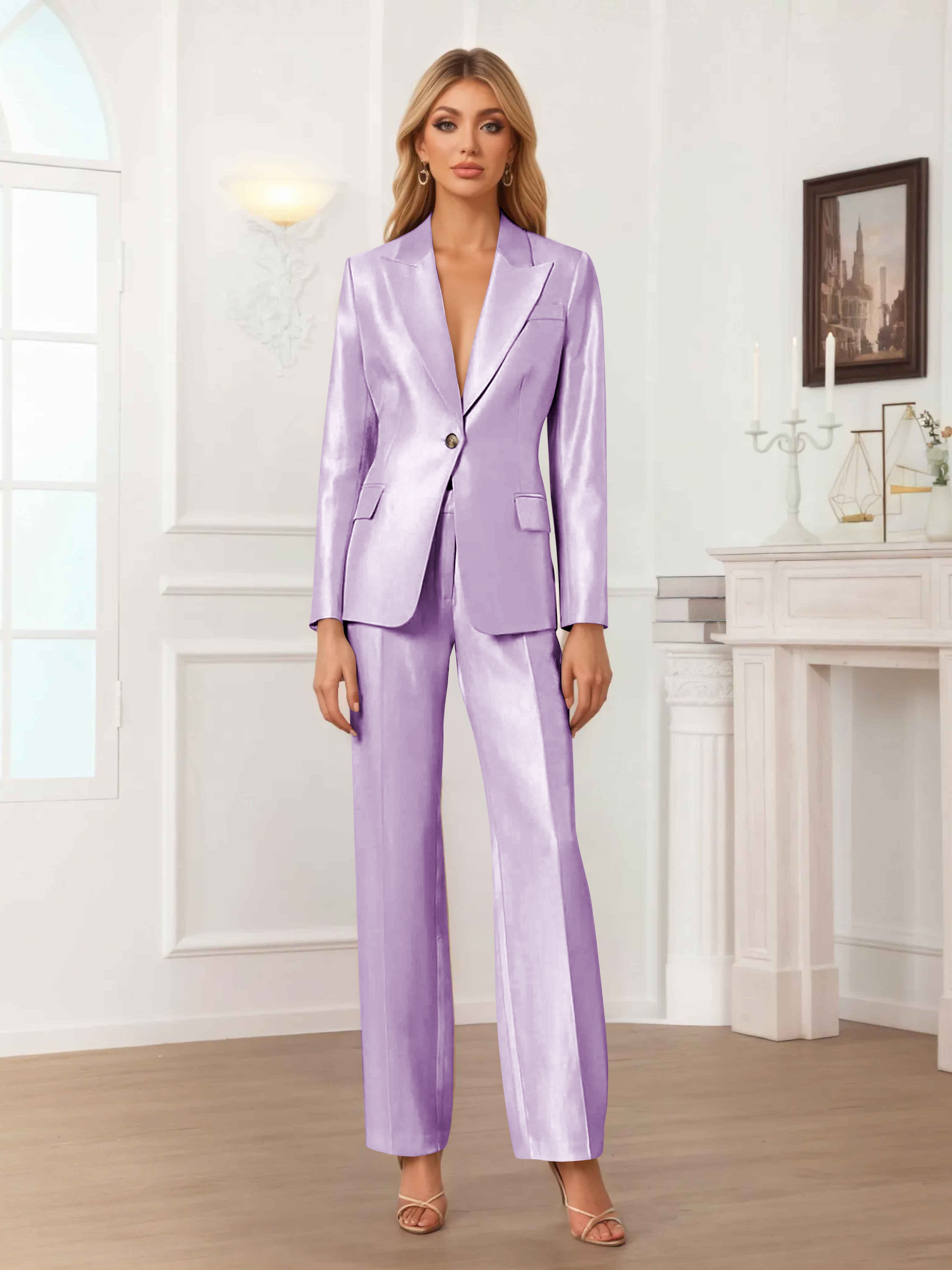 Women's 2 Pieces Peak Lapel One-Button Satin Formal Suit Set UK