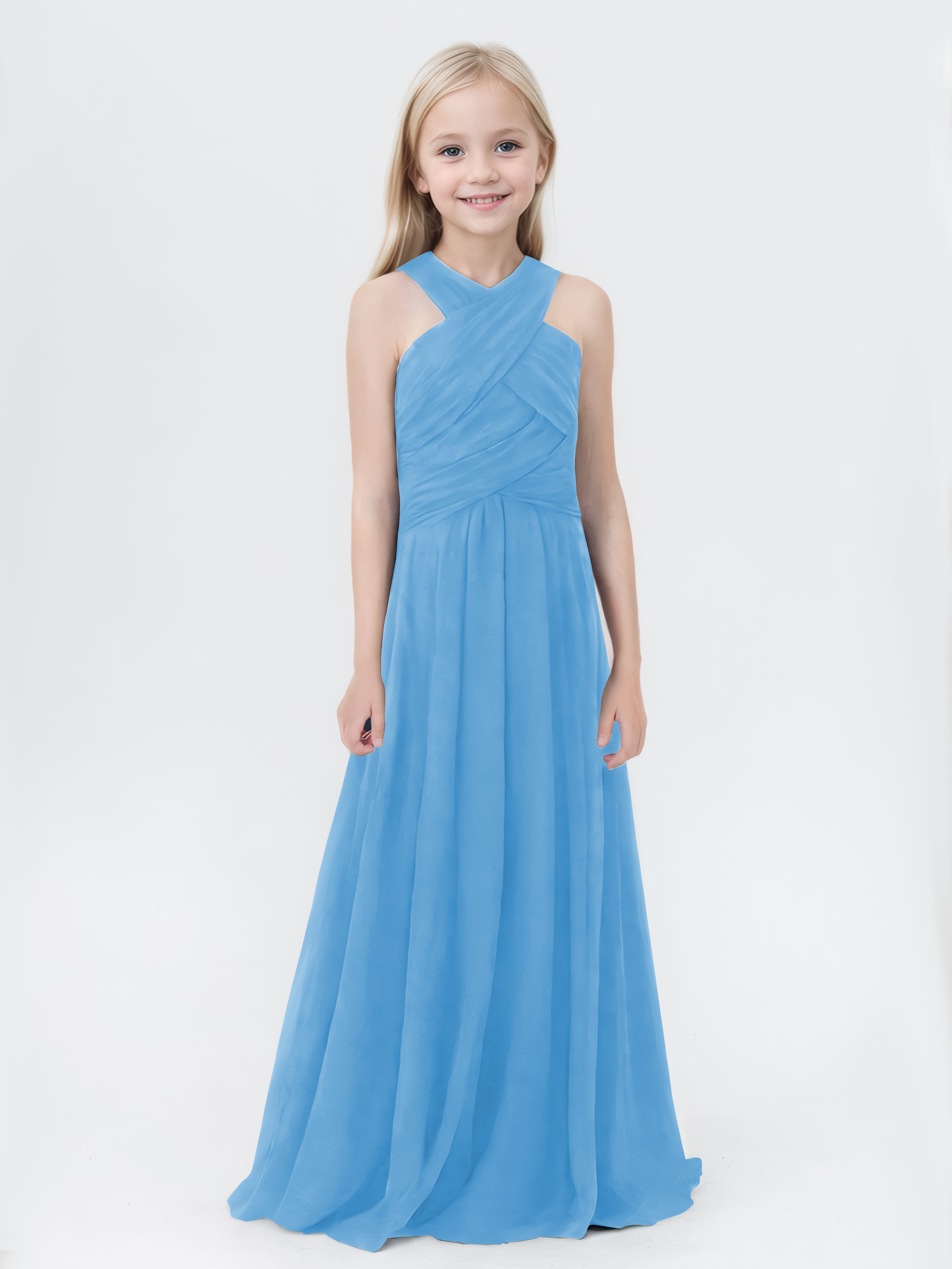 Lovely A-Line Ruched Long Chiffon Junior Bridesmaid Dresses
