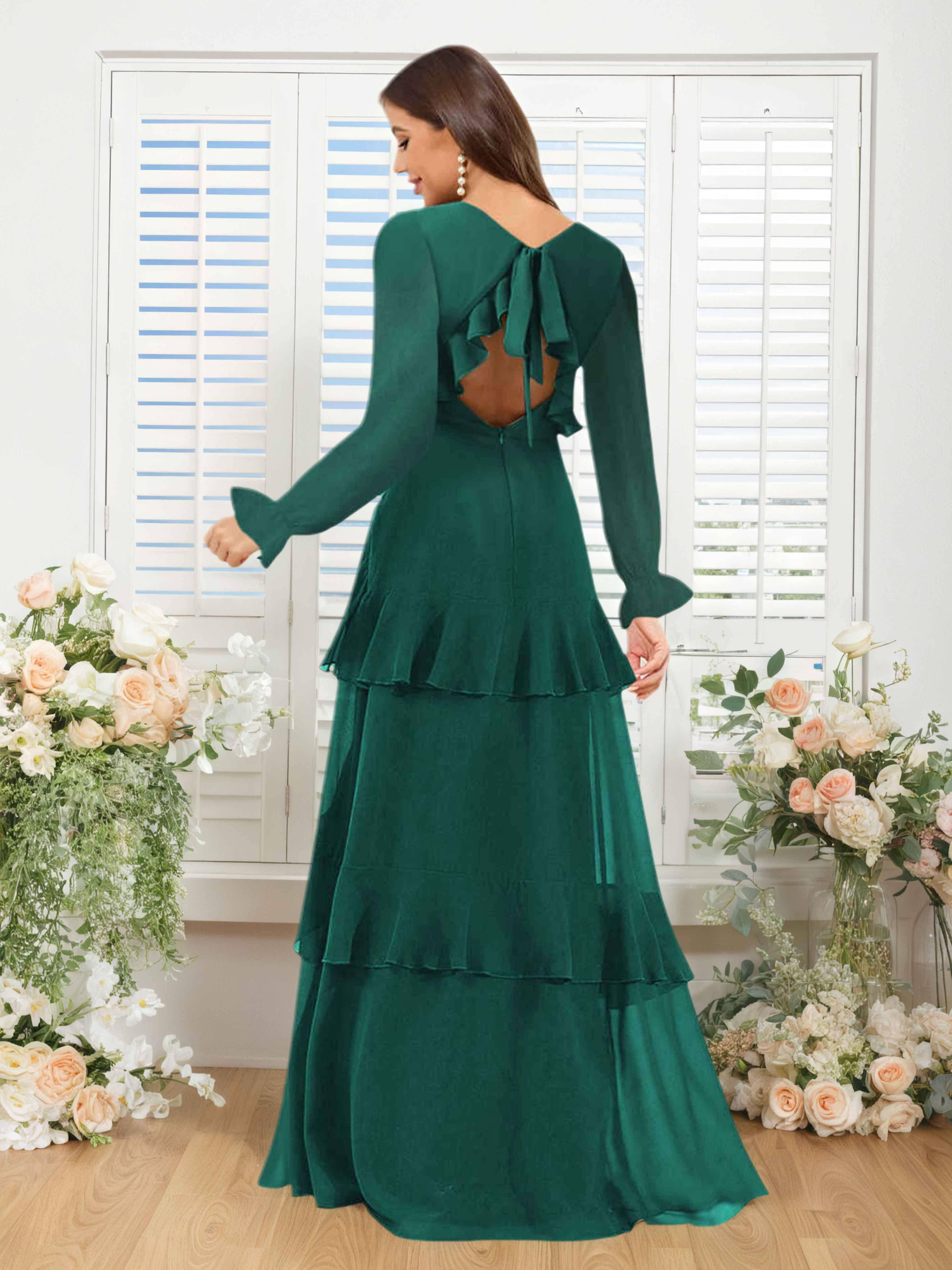 Lysara Refined A-Line Ruffles Long Sleeves Slit Long Chiffon Bridesmaid Dresses