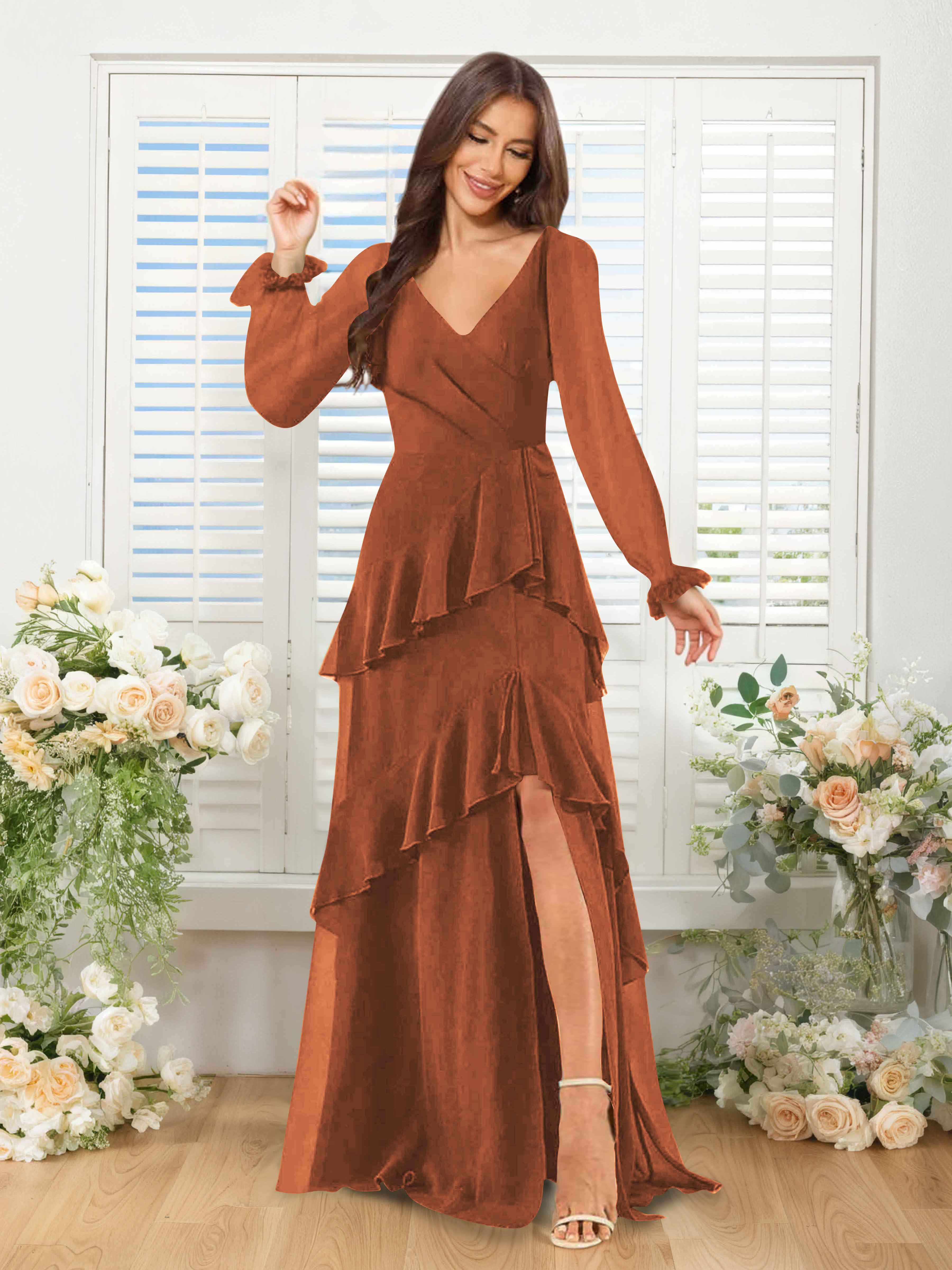Lysara Refined A-Line Ruffles Long Sleeves Slit Long Chiffon Bridesmaid Dresses