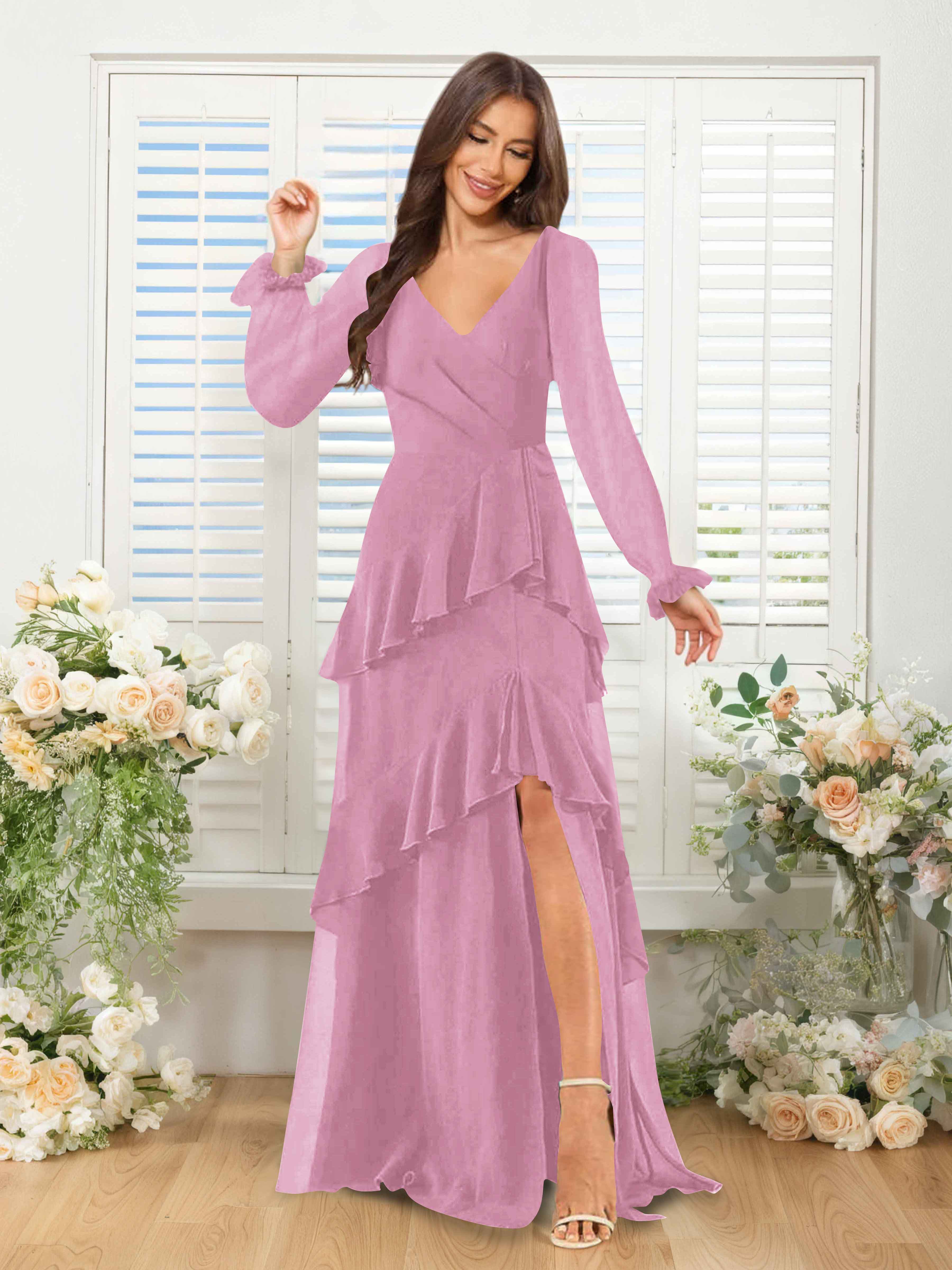 Lysara Refined A-Line Ruffles Long Sleeves Slit Long Chiffon Bridesmaid Dresses