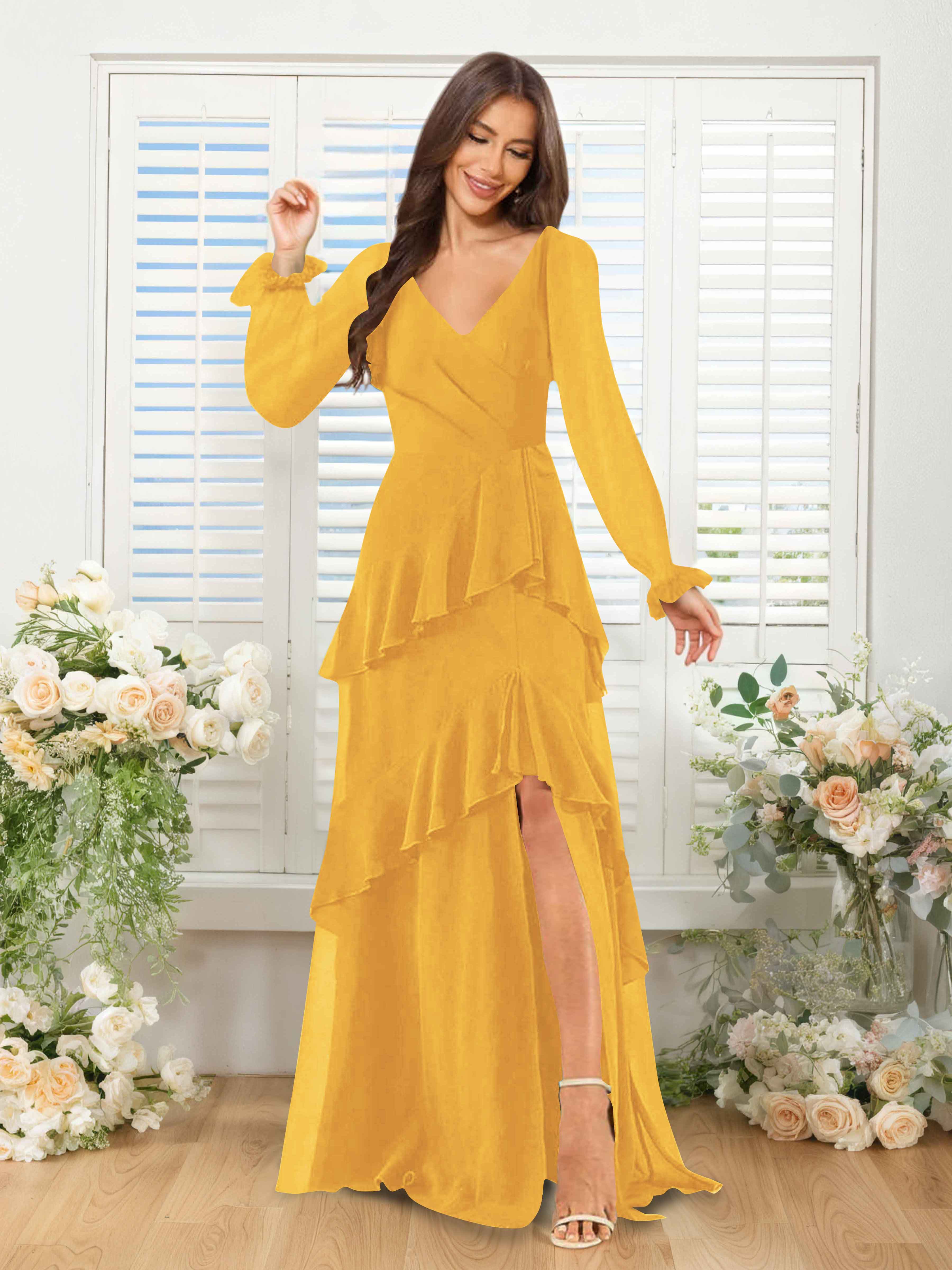 Lysara Refined A-Line Ruffles Long Sleeves Slit Long Chiffon Bridesmaid Dresses