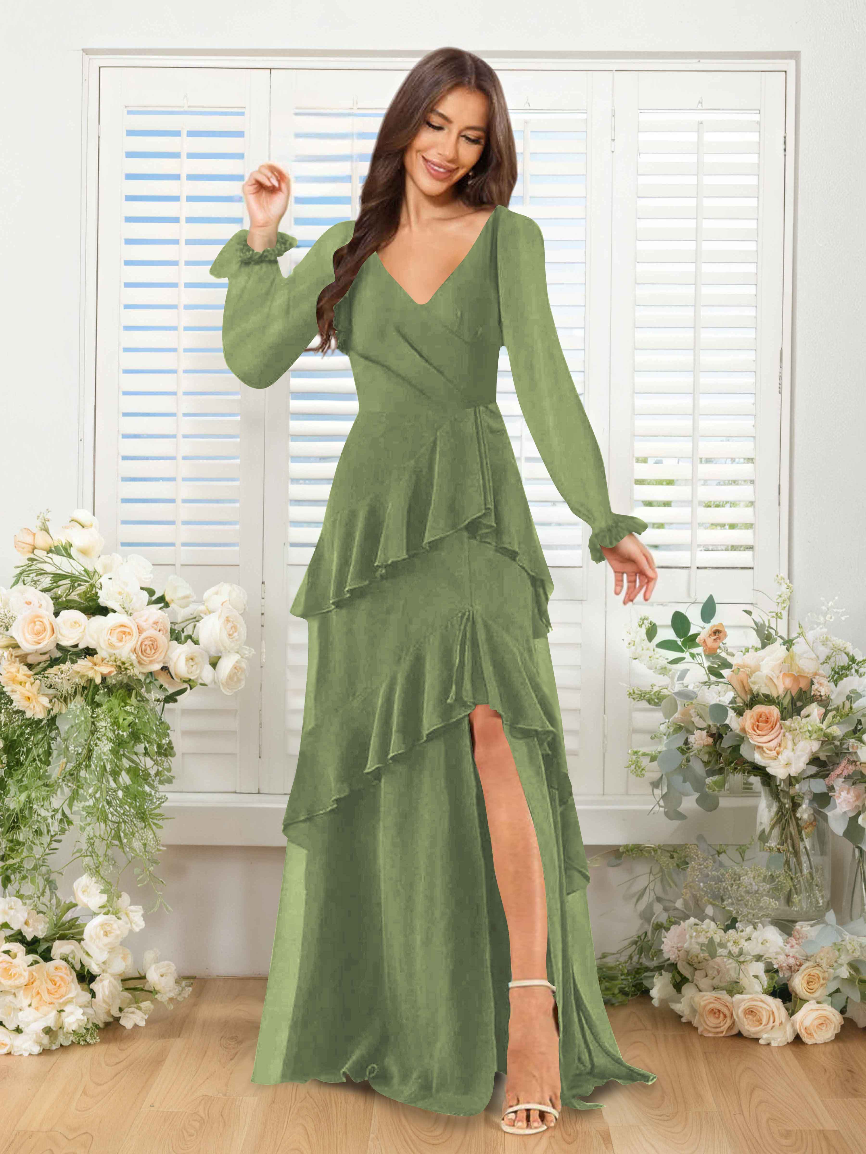 Lysara Refined A-Line Ruffles Long Sleeves Slit Long Chiffon Bridesmaid Dresses