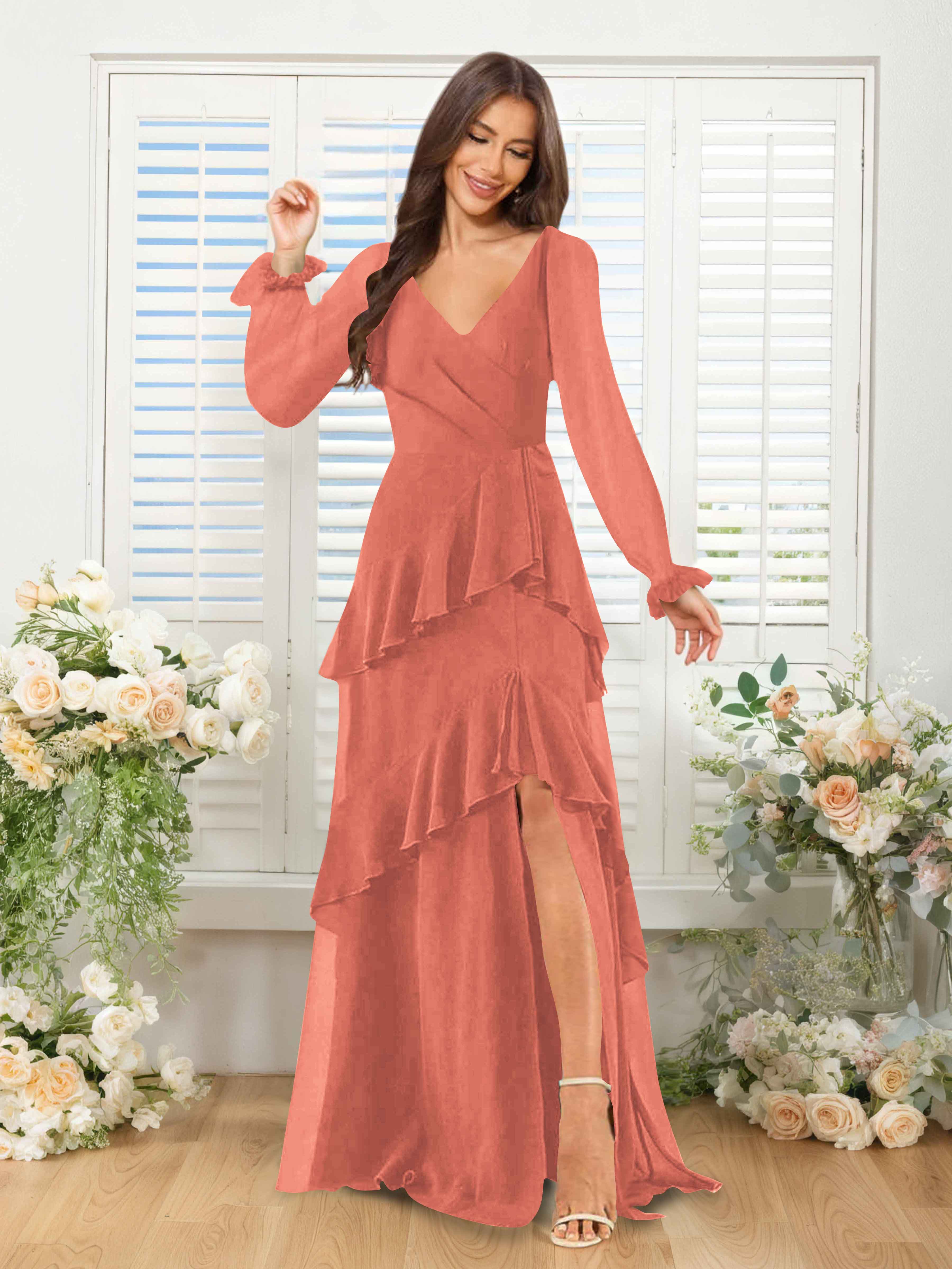 Lysara Refined A-Line Ruffles Long Sleeves Slit Long Chiffon Bridesmaid Dresses