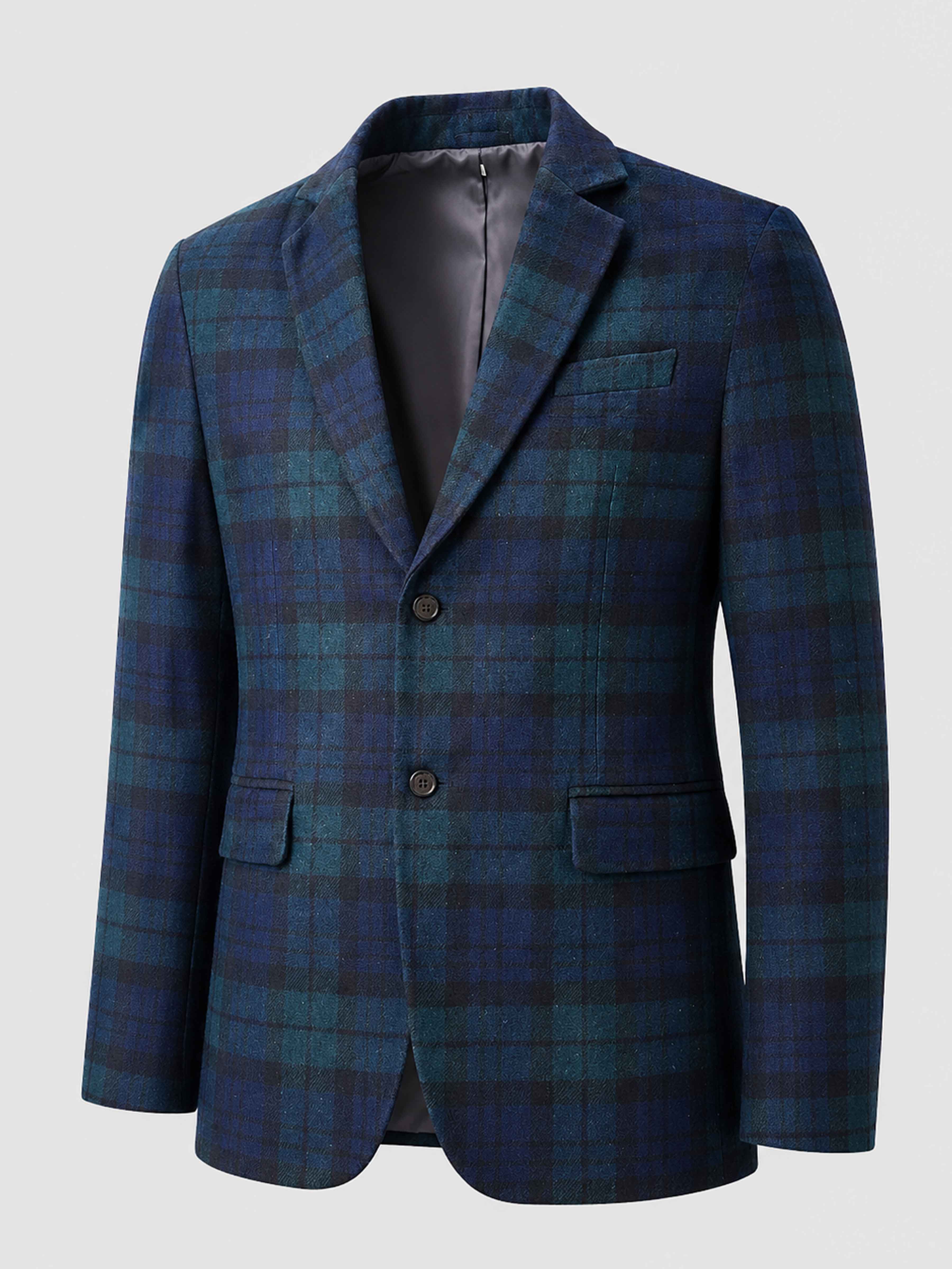 Green Men's Tailored Fit Single Breasted Plaid Casual Jacket