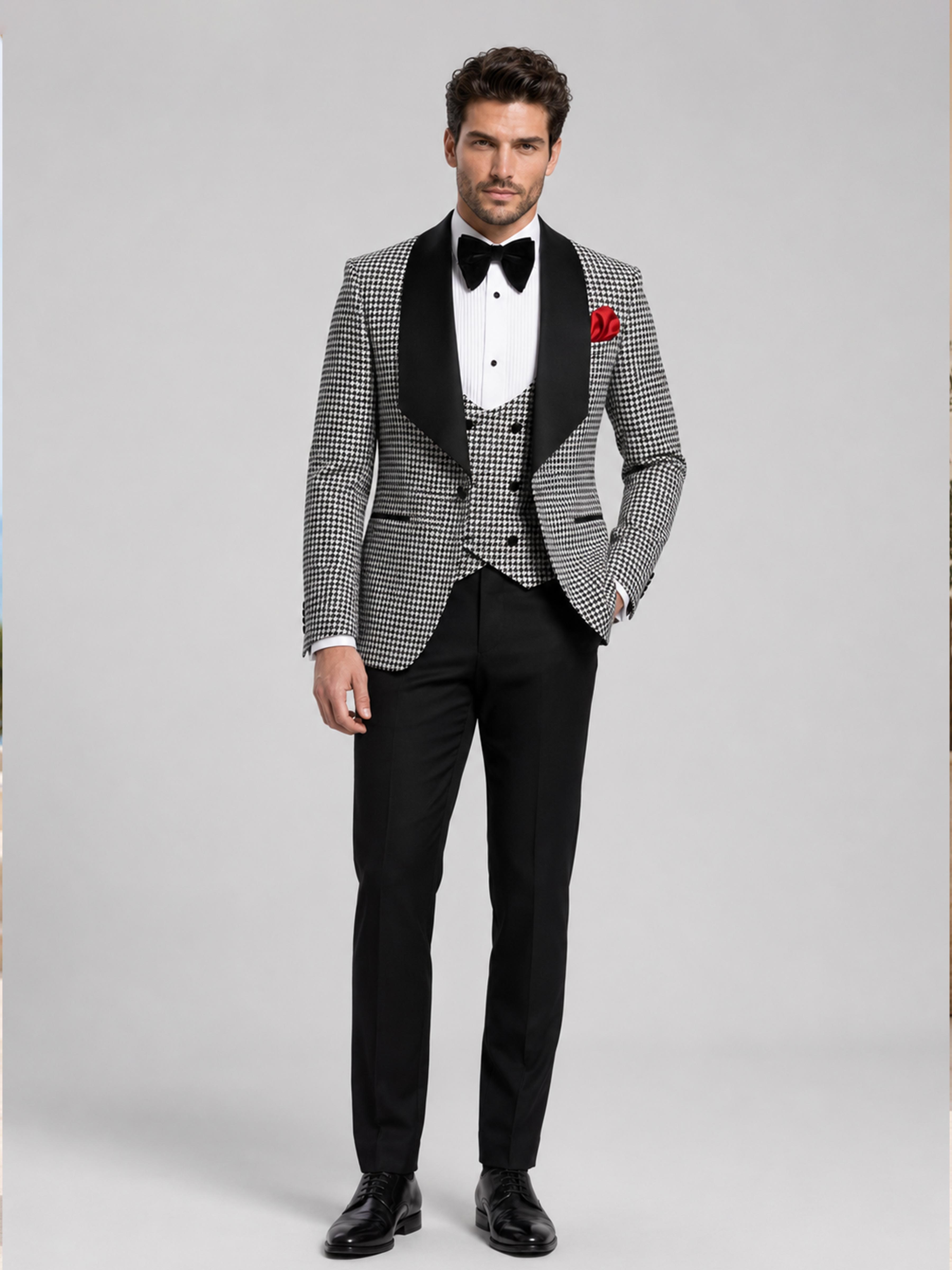 Sophisticated Houndstooth Tuxedo Suit for Men with Shawl Lapel UK