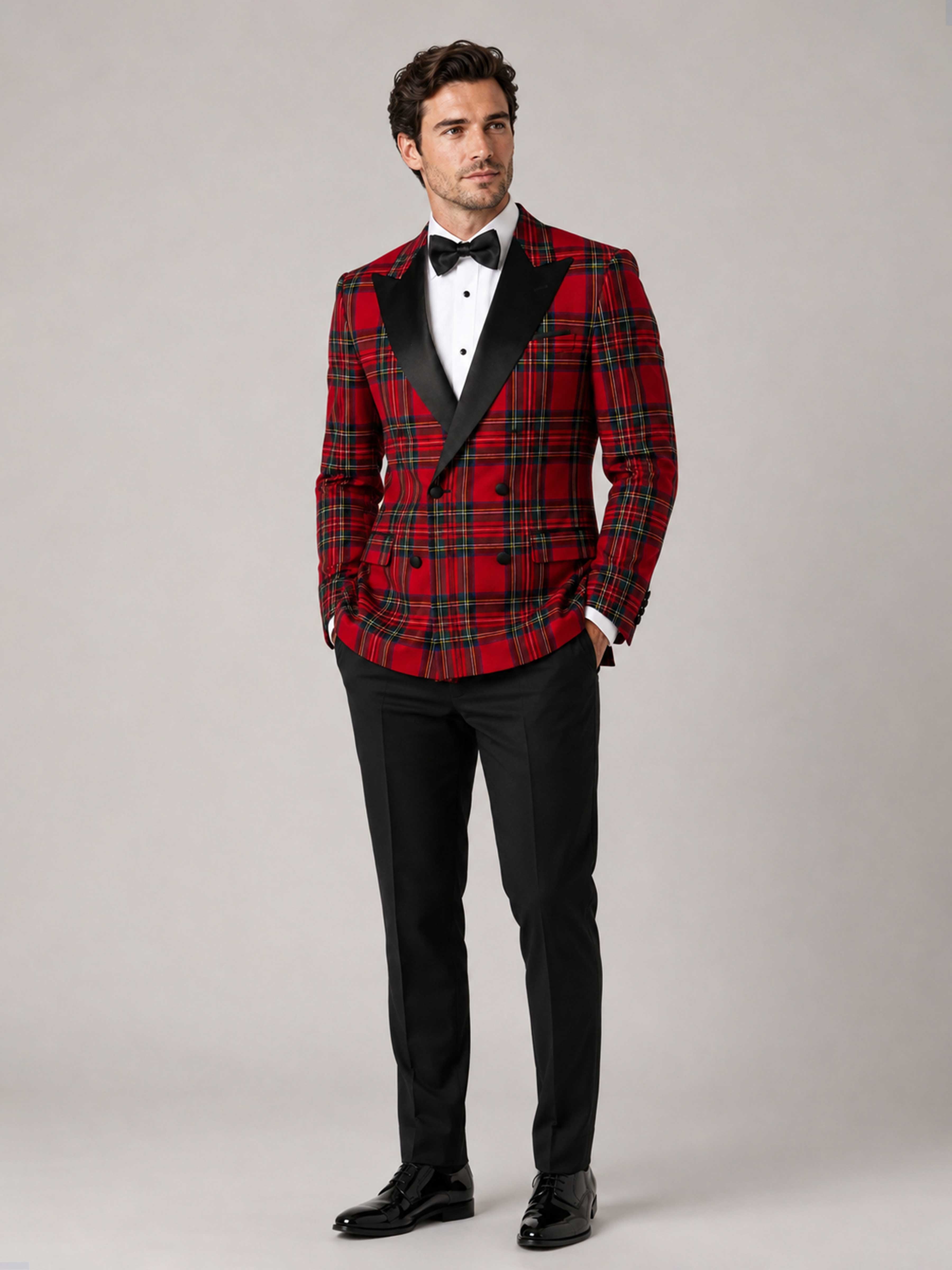 Dapper Men's Tartan Double Breasted 2 Piece Suit Set with Contrast Lapel UK