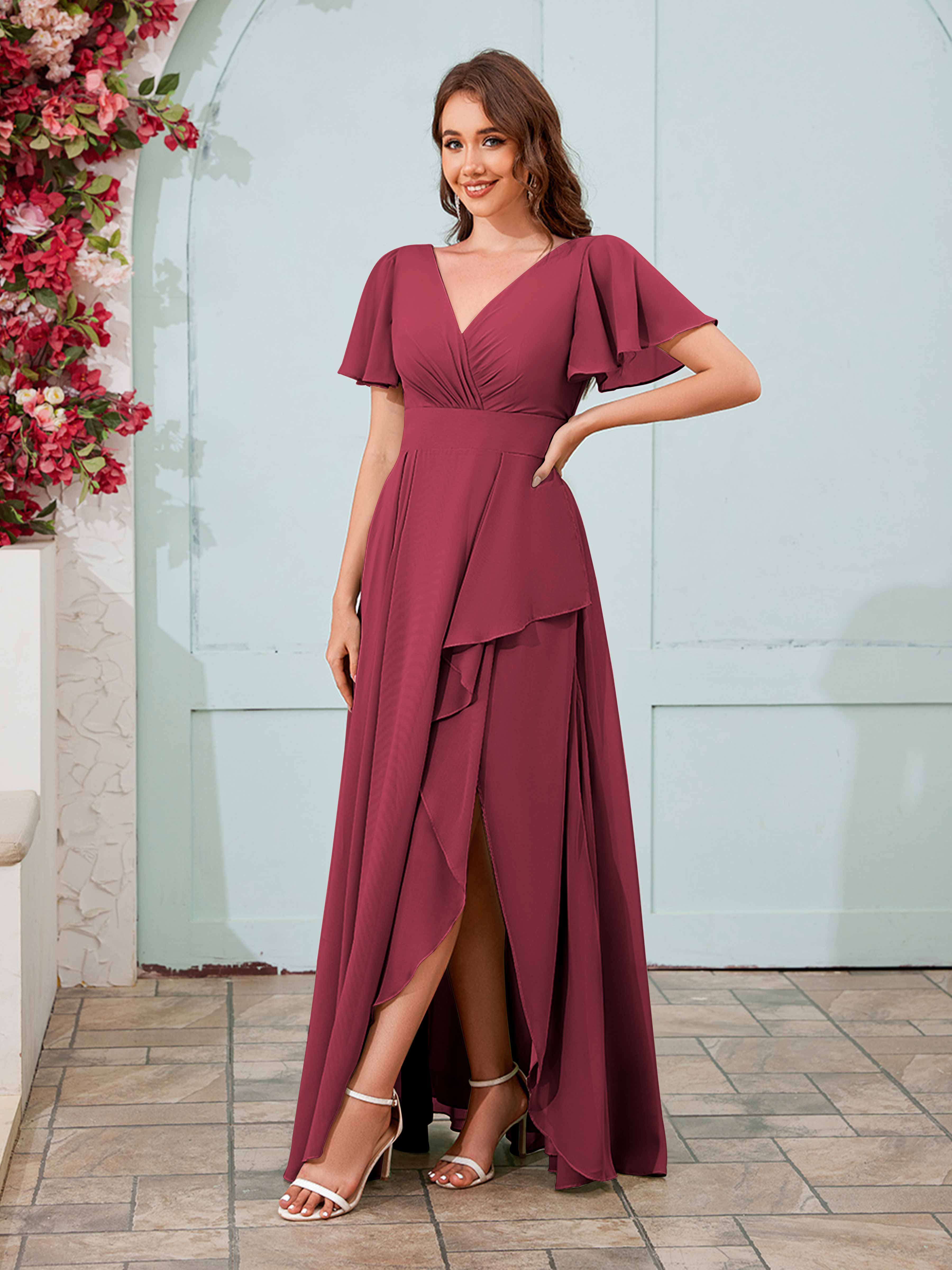 Makenzie Modest Short Sleeves Slit Long Chiffon Bridesmaid Dresses