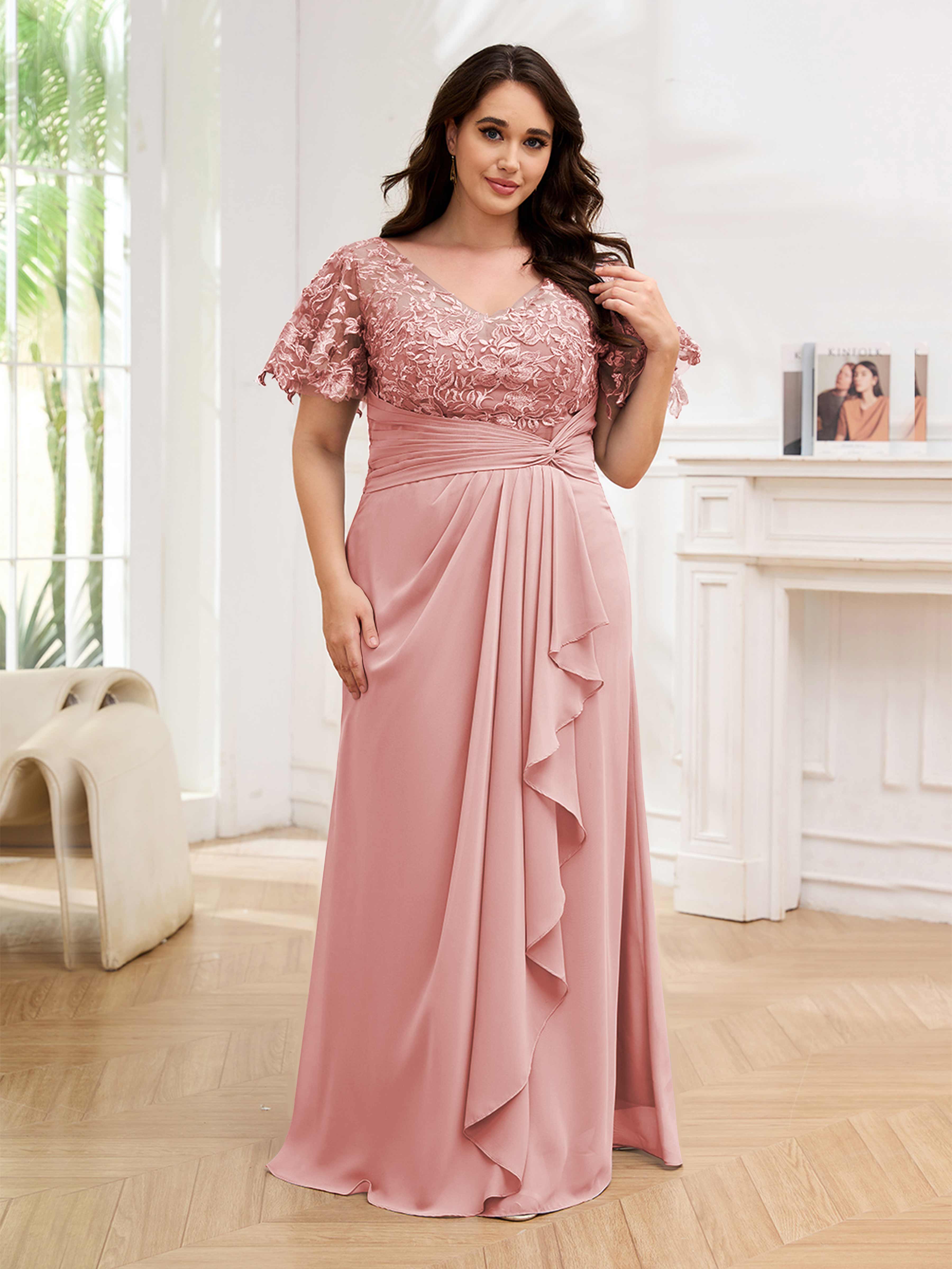 Mara Graceful Short Sleeves Pleated Appliques Plus Size Mother of the Bride Dresses