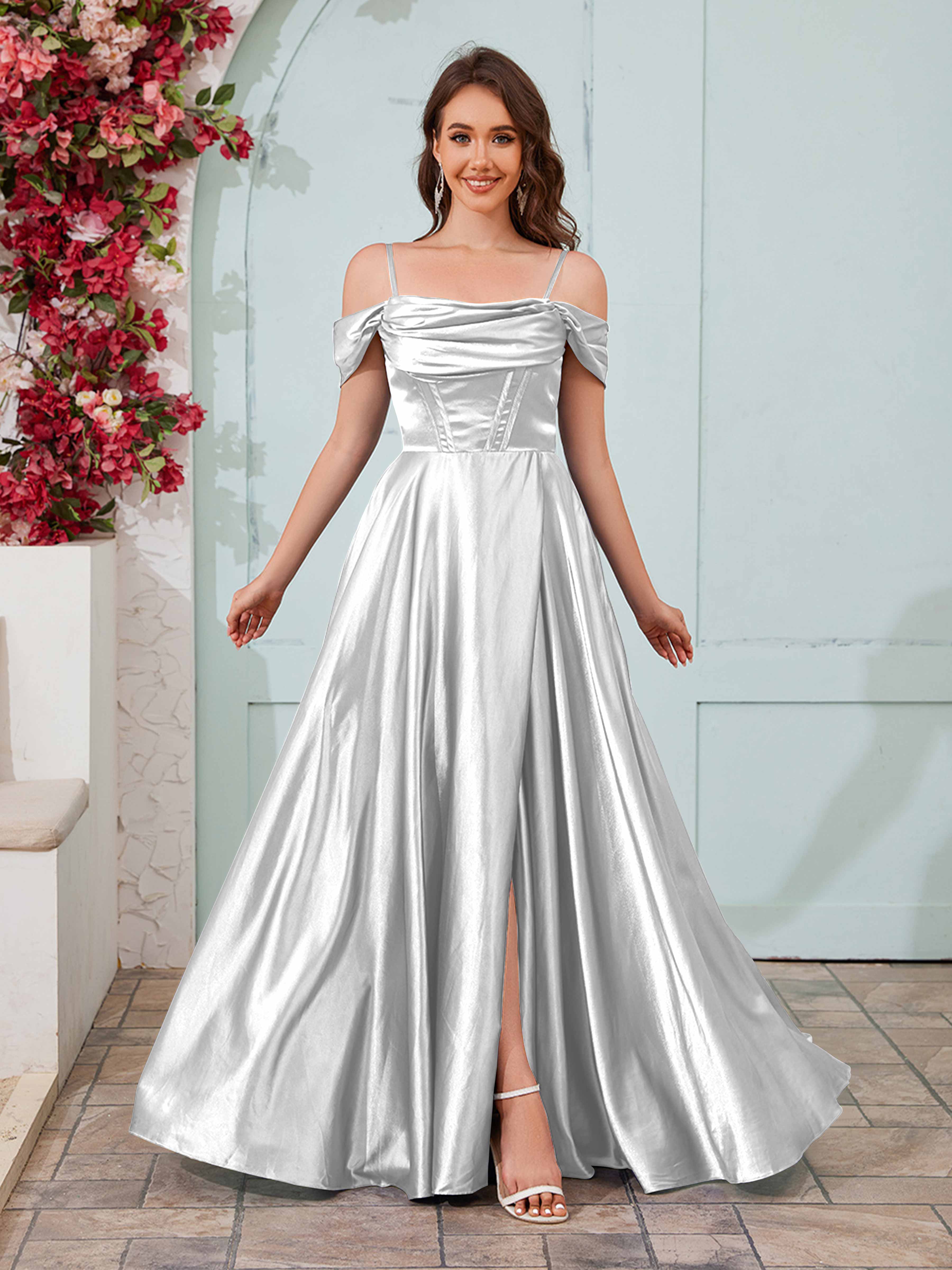 Maren Flowing A Line Pleated Slit Floor Length Satin Bridesmaid Dresses