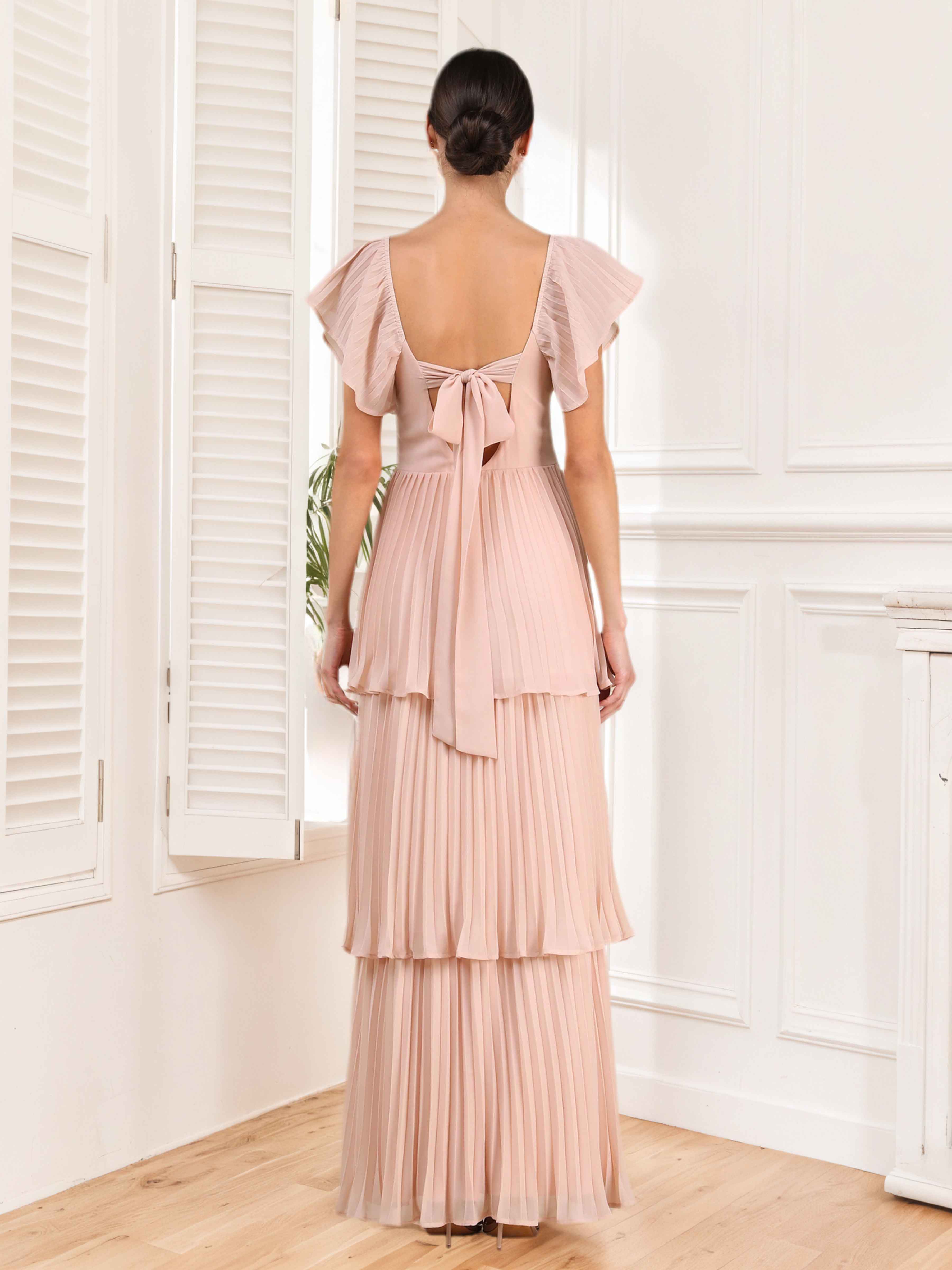 Maven Flowing A-Line Short Sleeves Pleated Long Bridesmaid Dresses