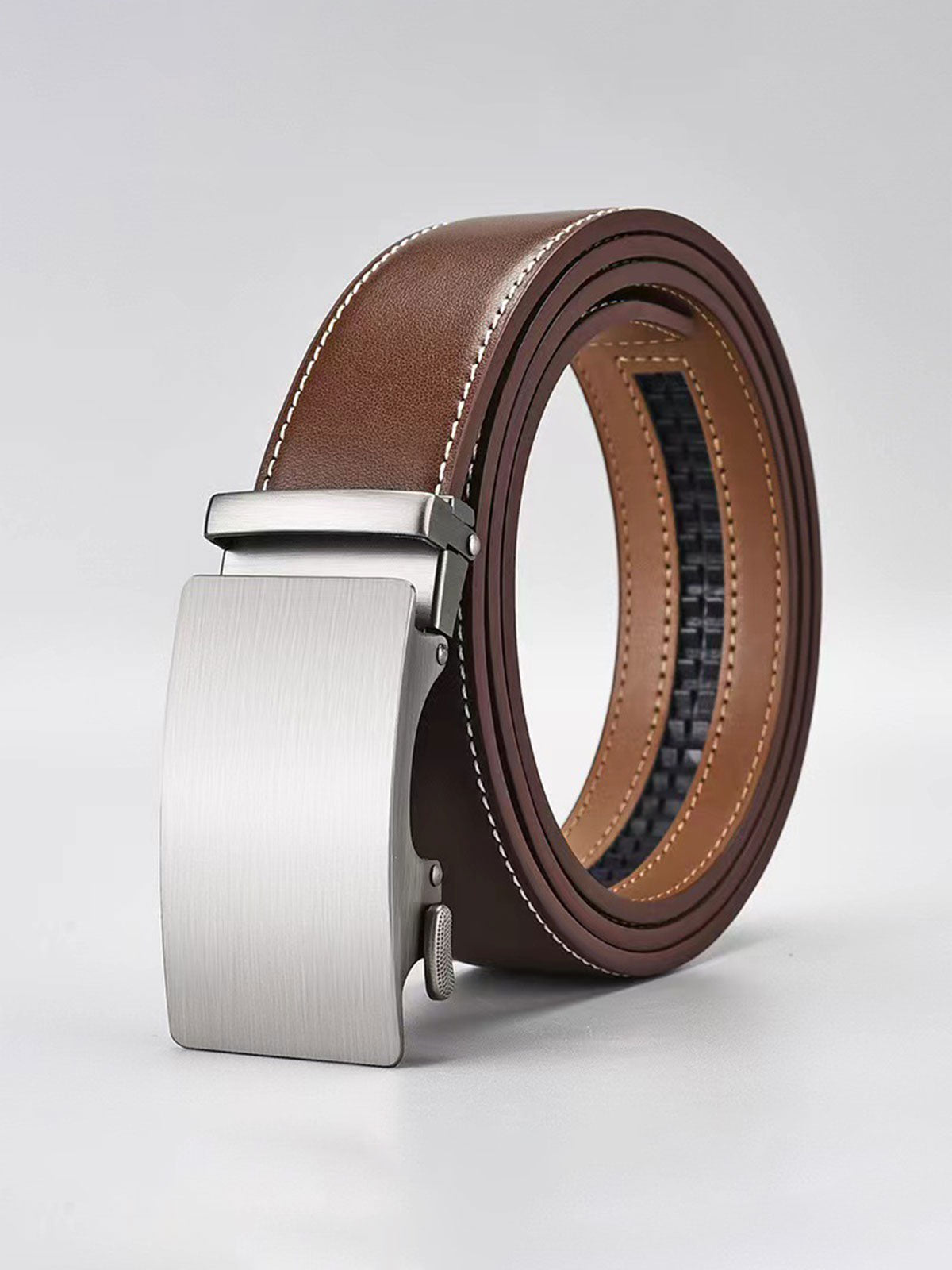 Men's Automatic Buckle Leather Belt, No-Hole Slide Ratchet Strap UK