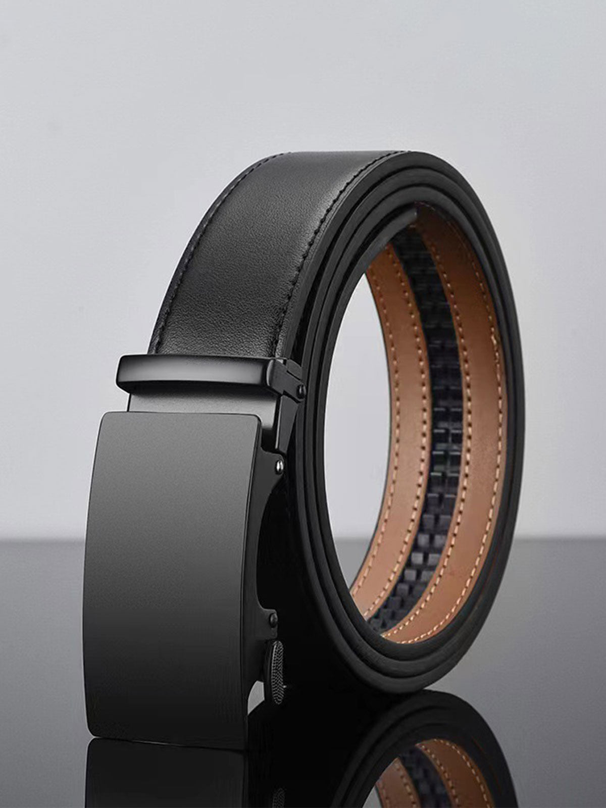 Men's Automatic Buckle Leather Belt, No-Hole Slide Ratchet Strap UK