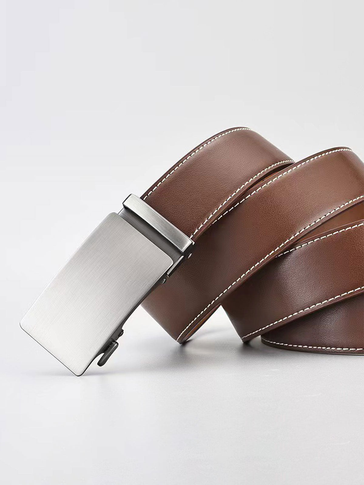 Men's Automatic Buckle Leather Belt, No-Hole Slide Ratchet Strap UK