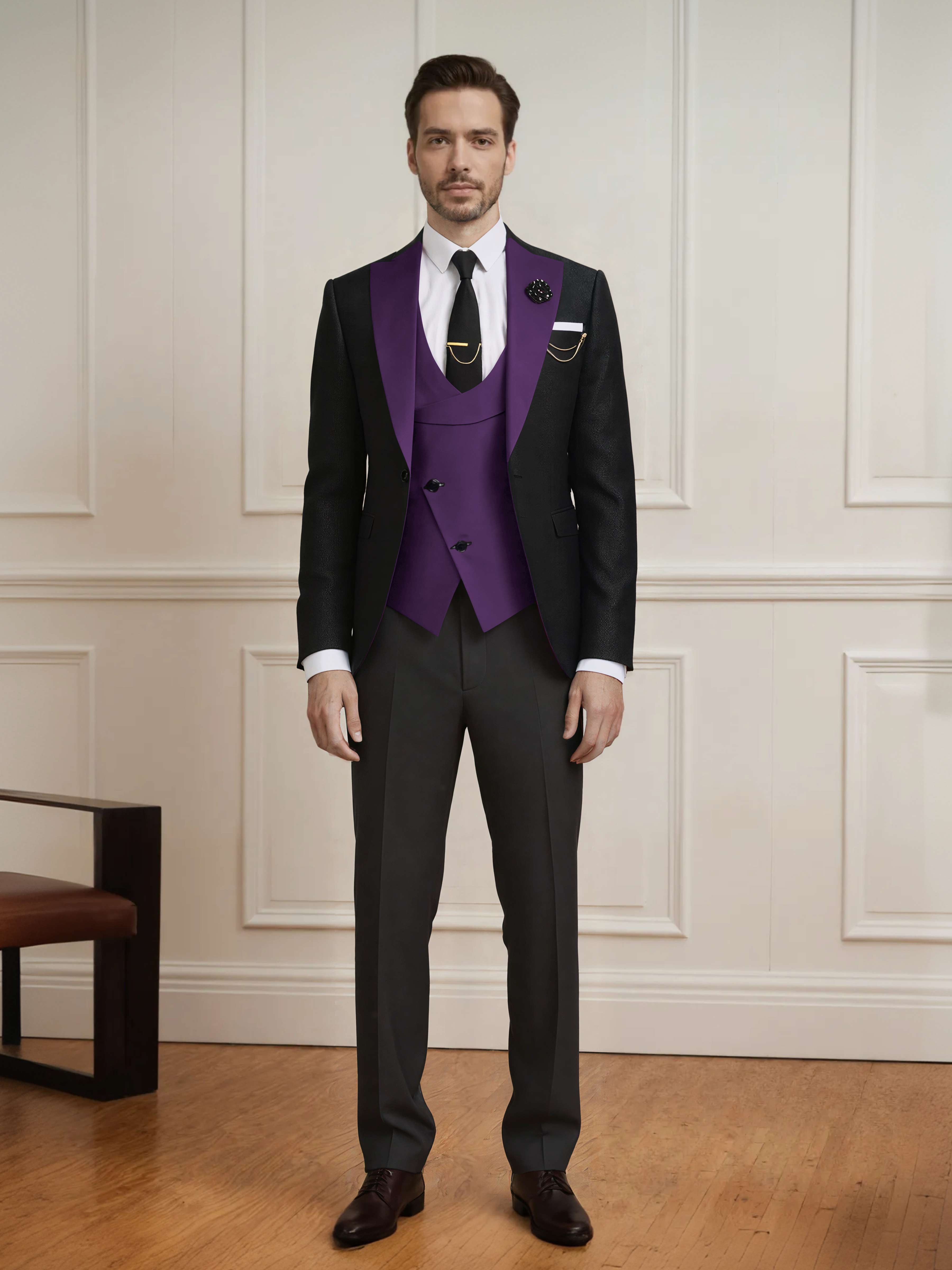 Meticulous Men's One Button Color Block Design 3 Pieces Wedding & Business Suits