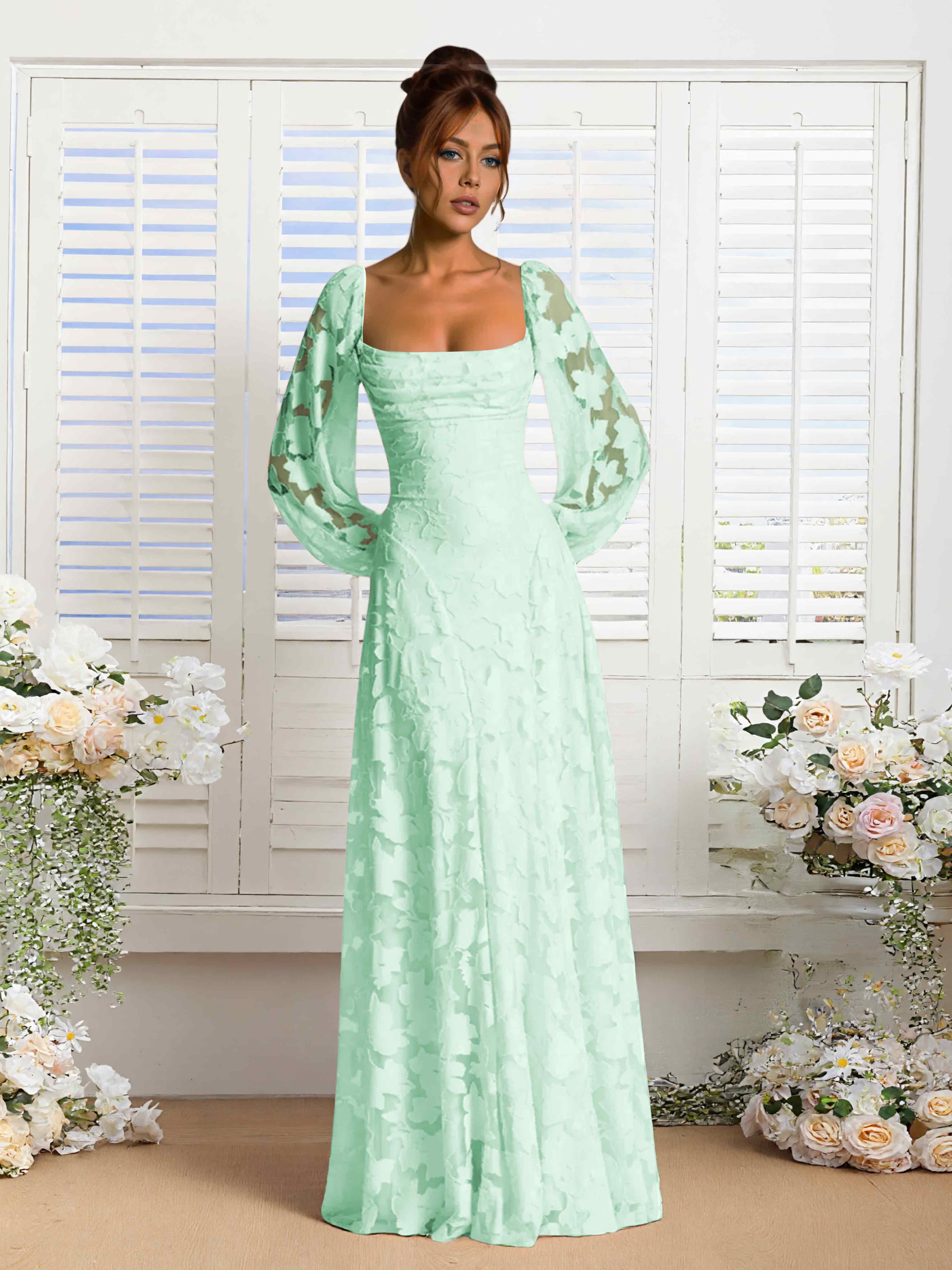 Xandra Delicate Long Sleeves Ruched Long Floral Lace Formal Dresses