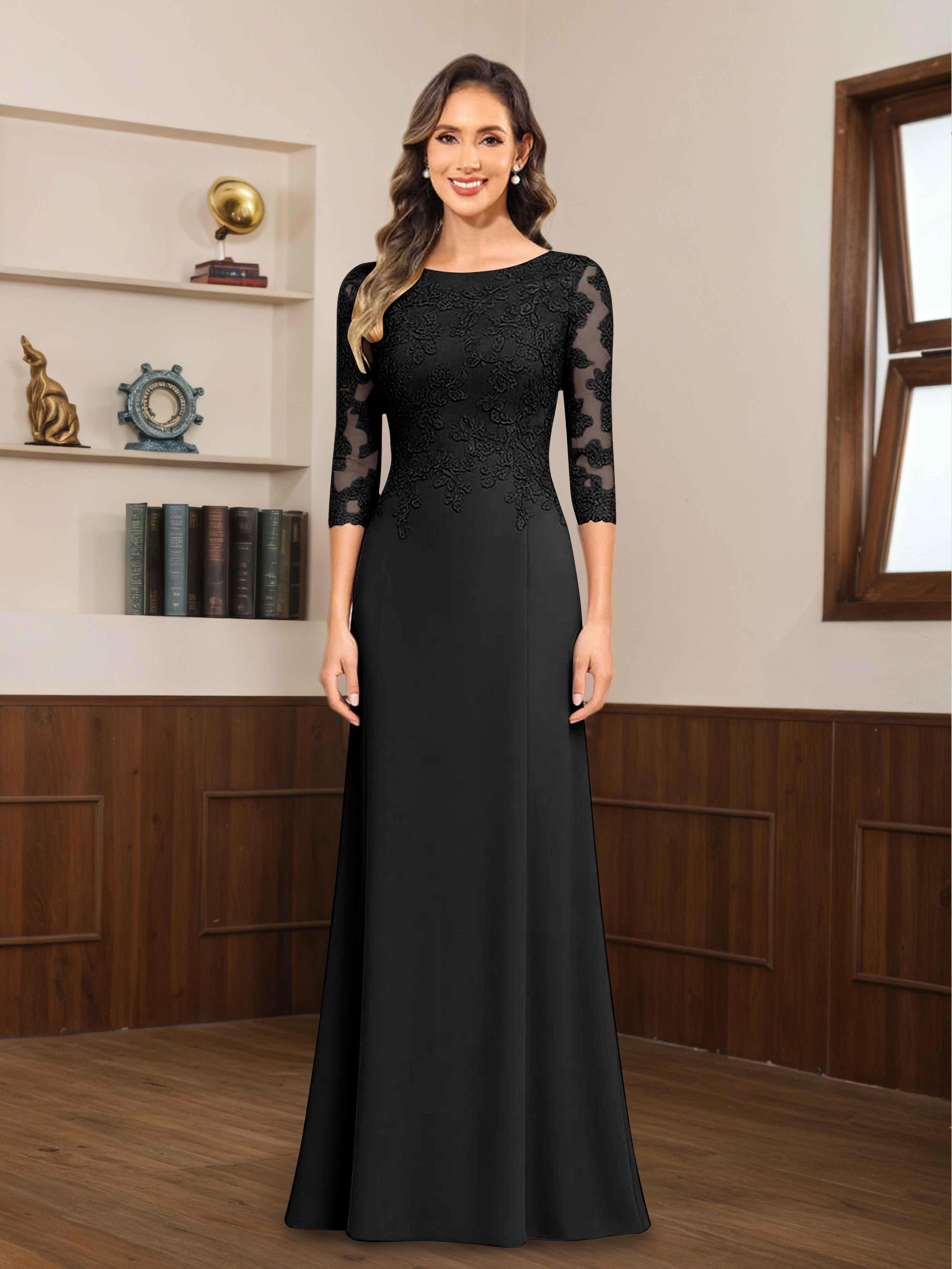 Mireya Delicate Sheath 3/4 Sleeves Long Lace Chiffon Mother of The Bride Dresses