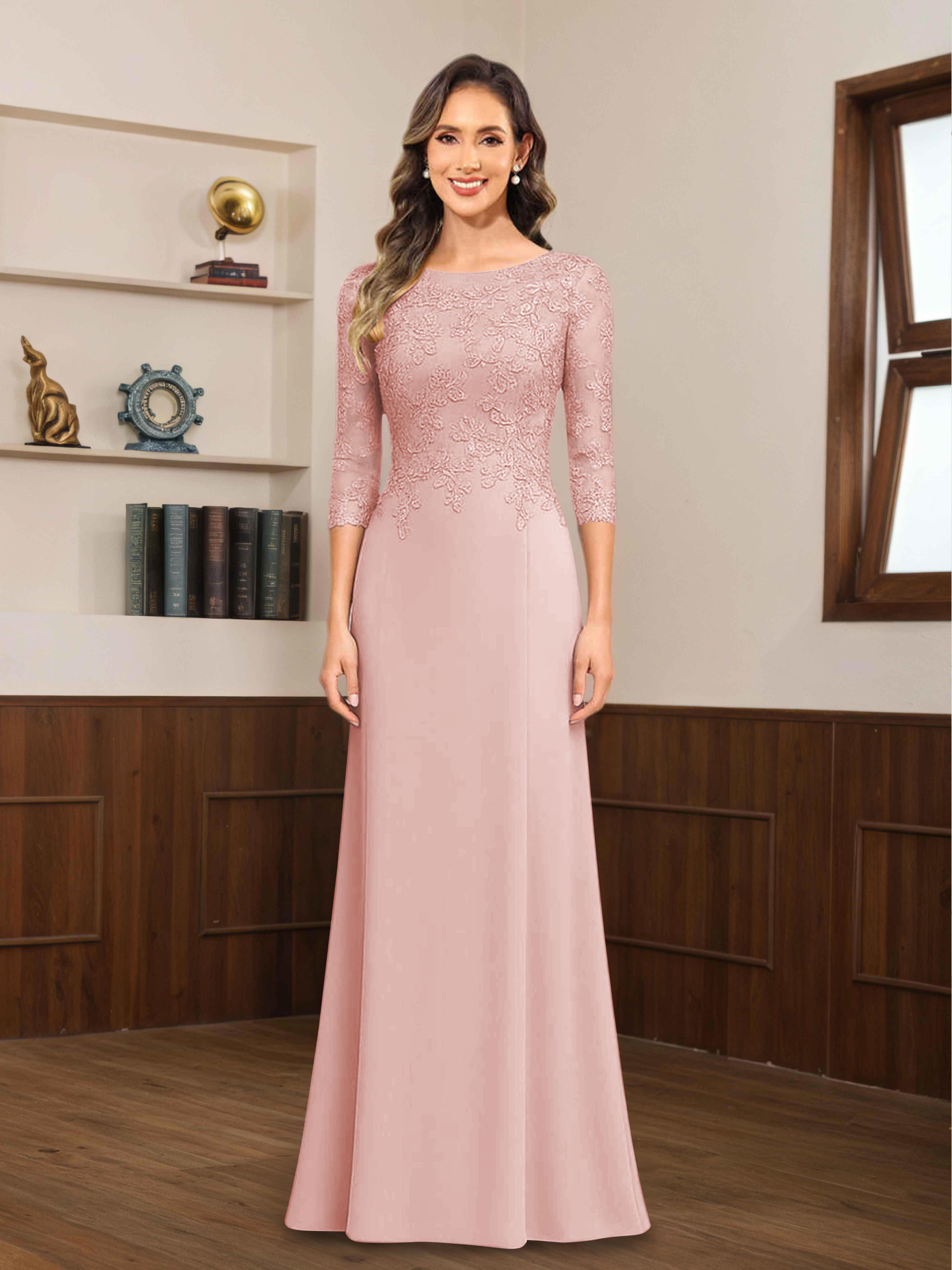 Mireya Delicate Sheath 3/4 Sleeves Long Lace Chiffon Mother of The Bride Dresses