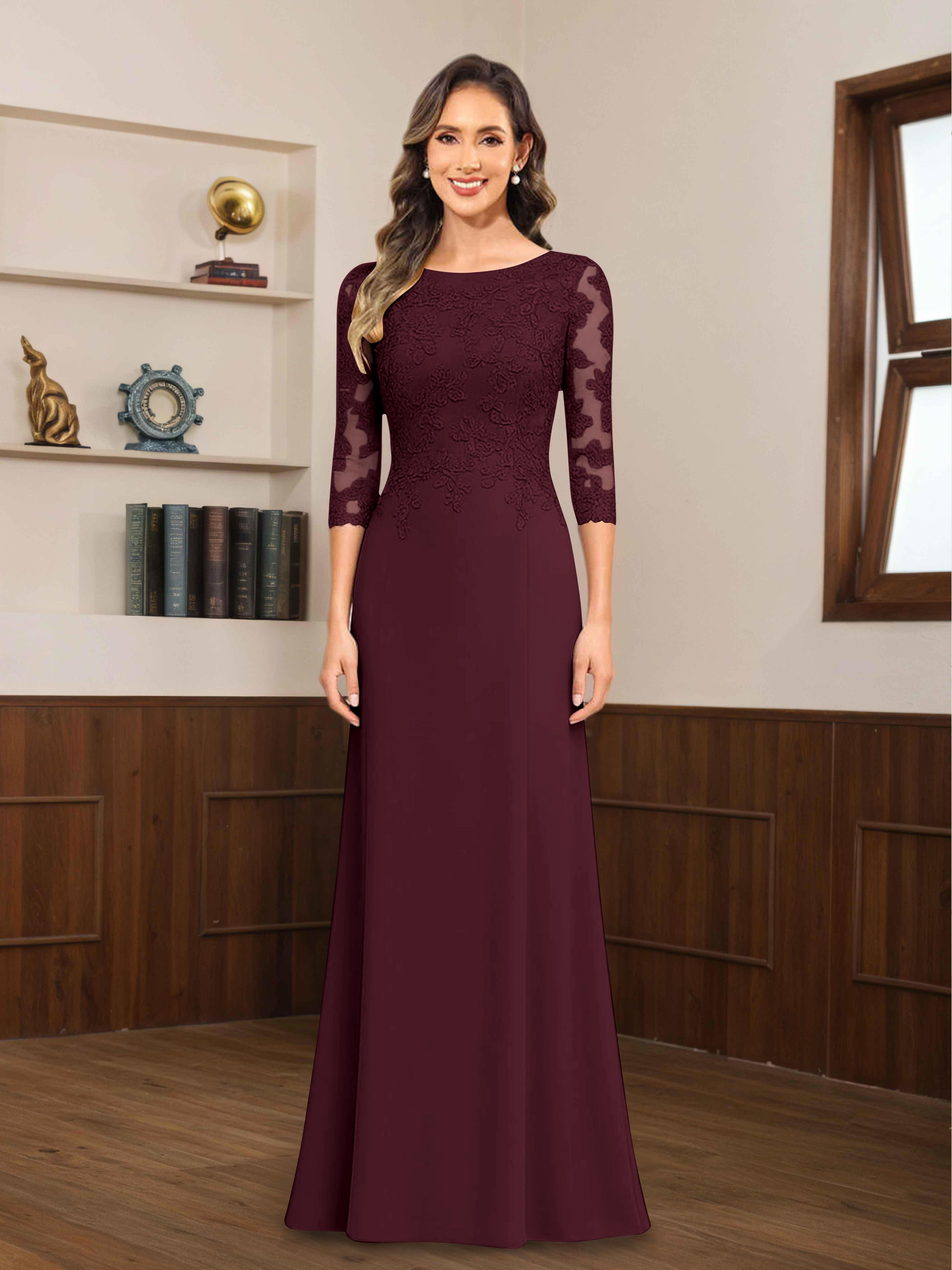Mireya Delicate Sheath 3/4 Sleeves Long Lace Chiffon Mother of The Bride Dresses