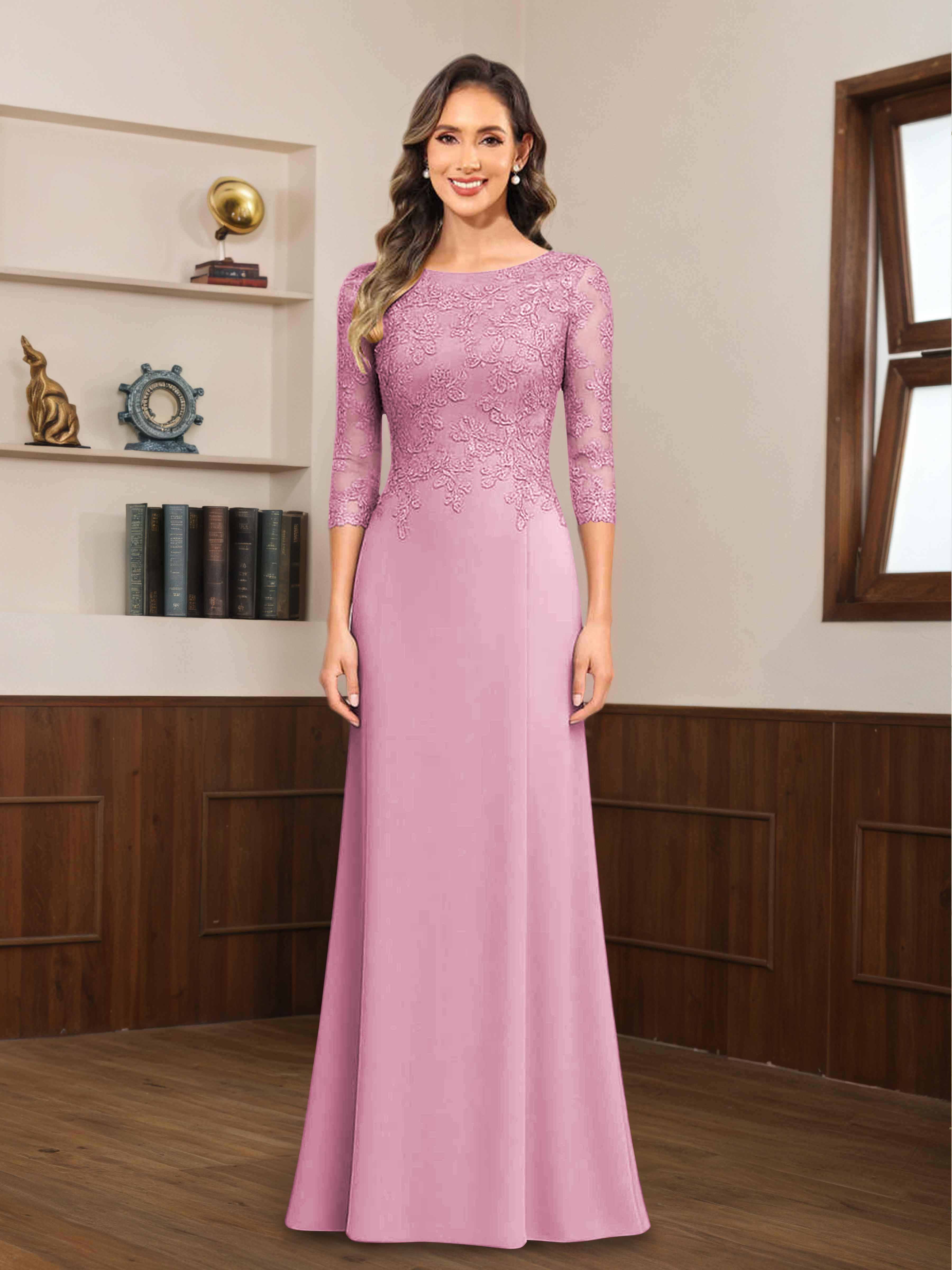 Mireya Delicate Sheath 3/4 Sleeves Long Lace Chiffon Mother of The Bride Dresses