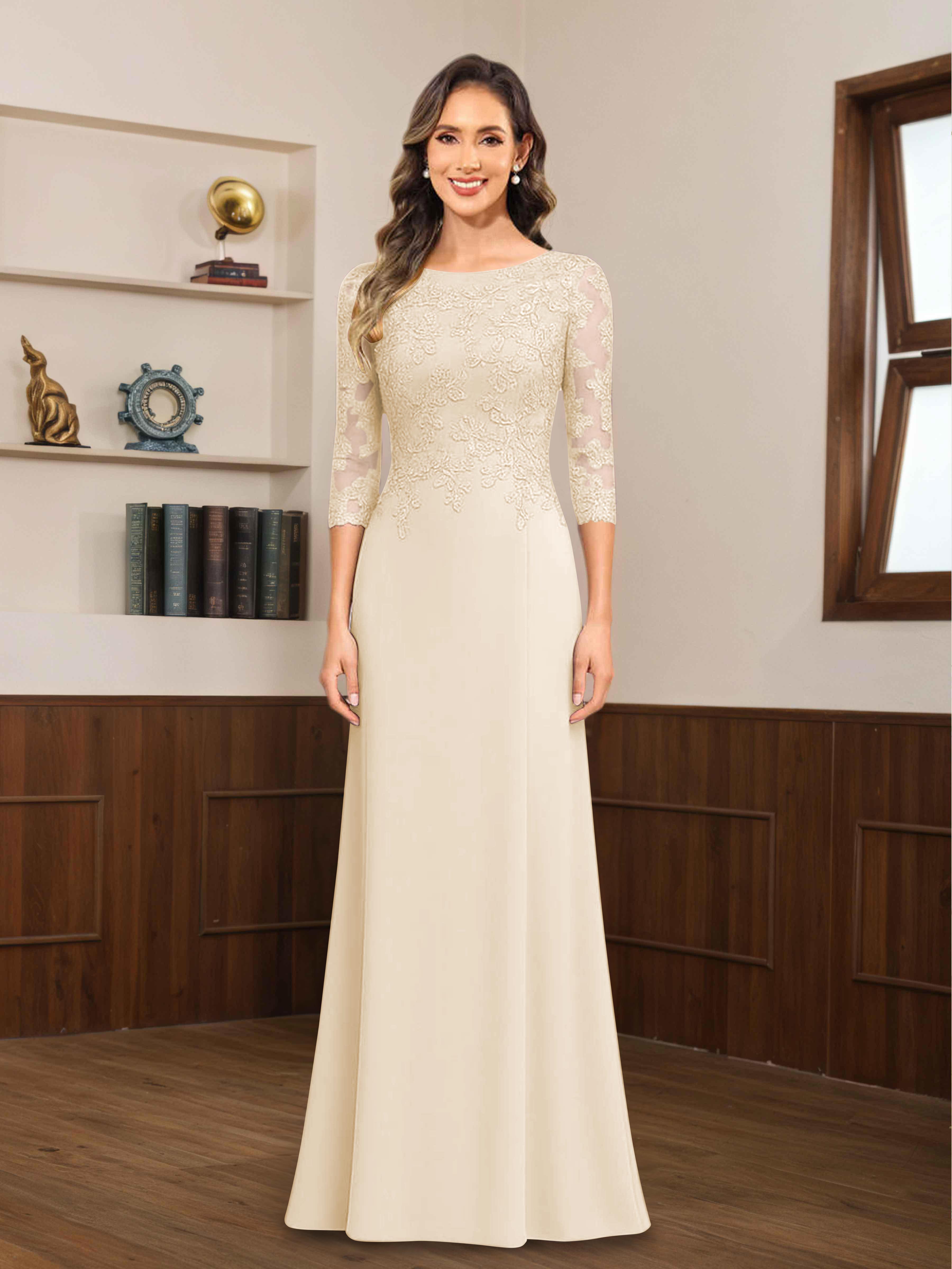 Mireya Delicate Sheath 3/4 Sleeves Long Lace Chiffon Mother of The Bride Dresses