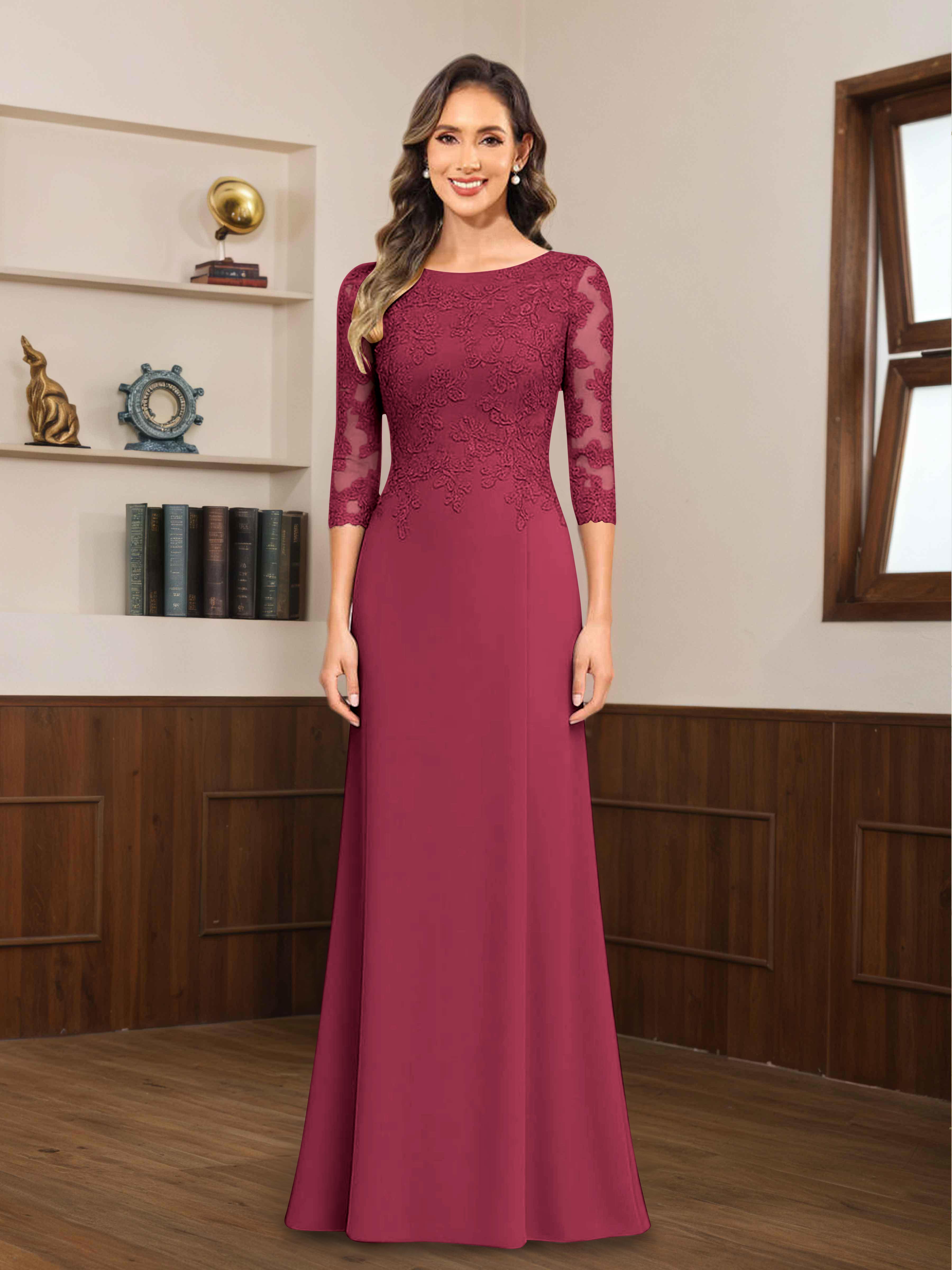 Mireya Delicate Sheath 3/4 Sleeves Long Lace Chiffon Mother of The Bride Dresses