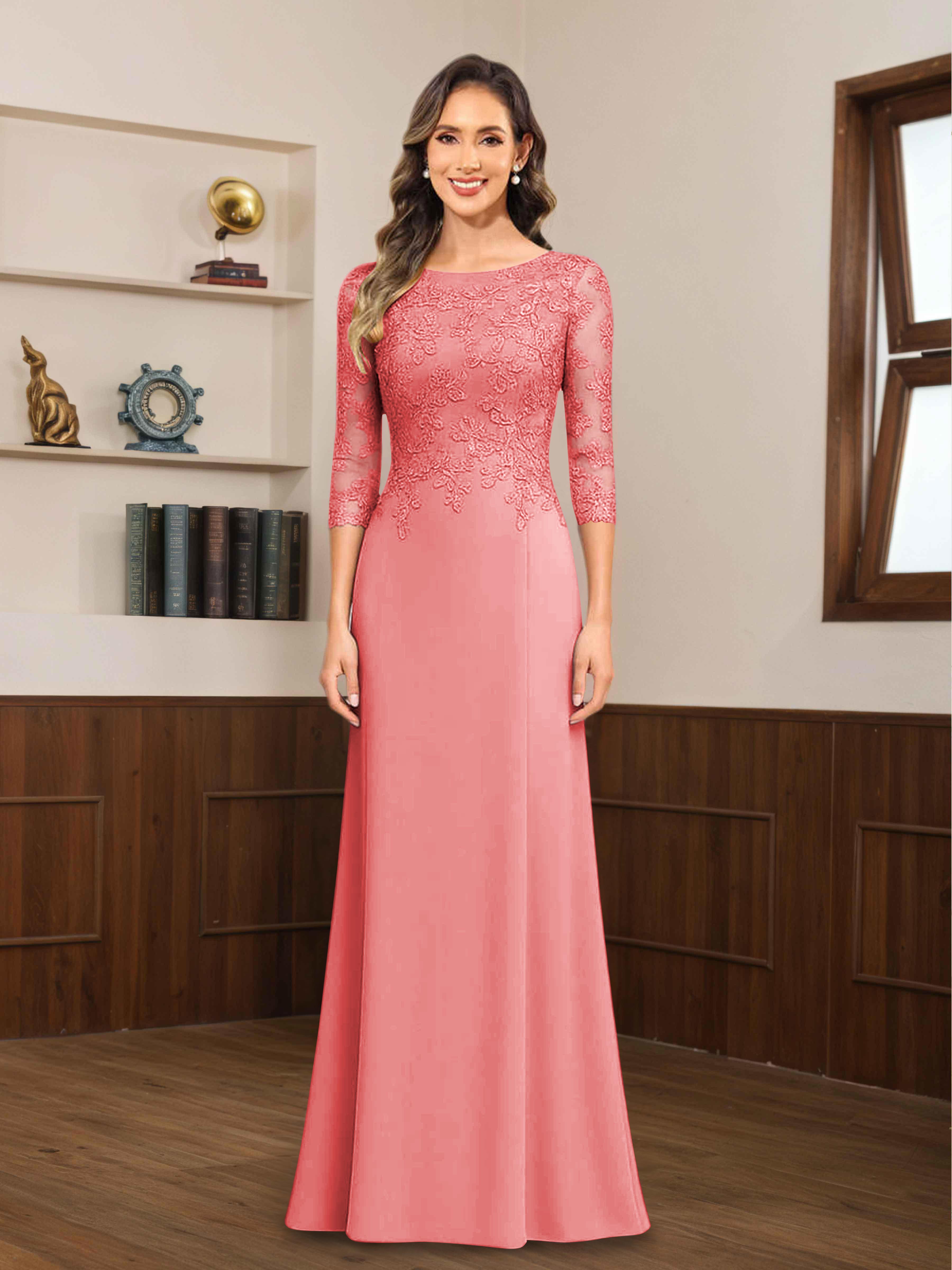 Mireya Delicate Sheath 3/4 Sleeves Long Lace Chiffon Mother of The Bride Dresses