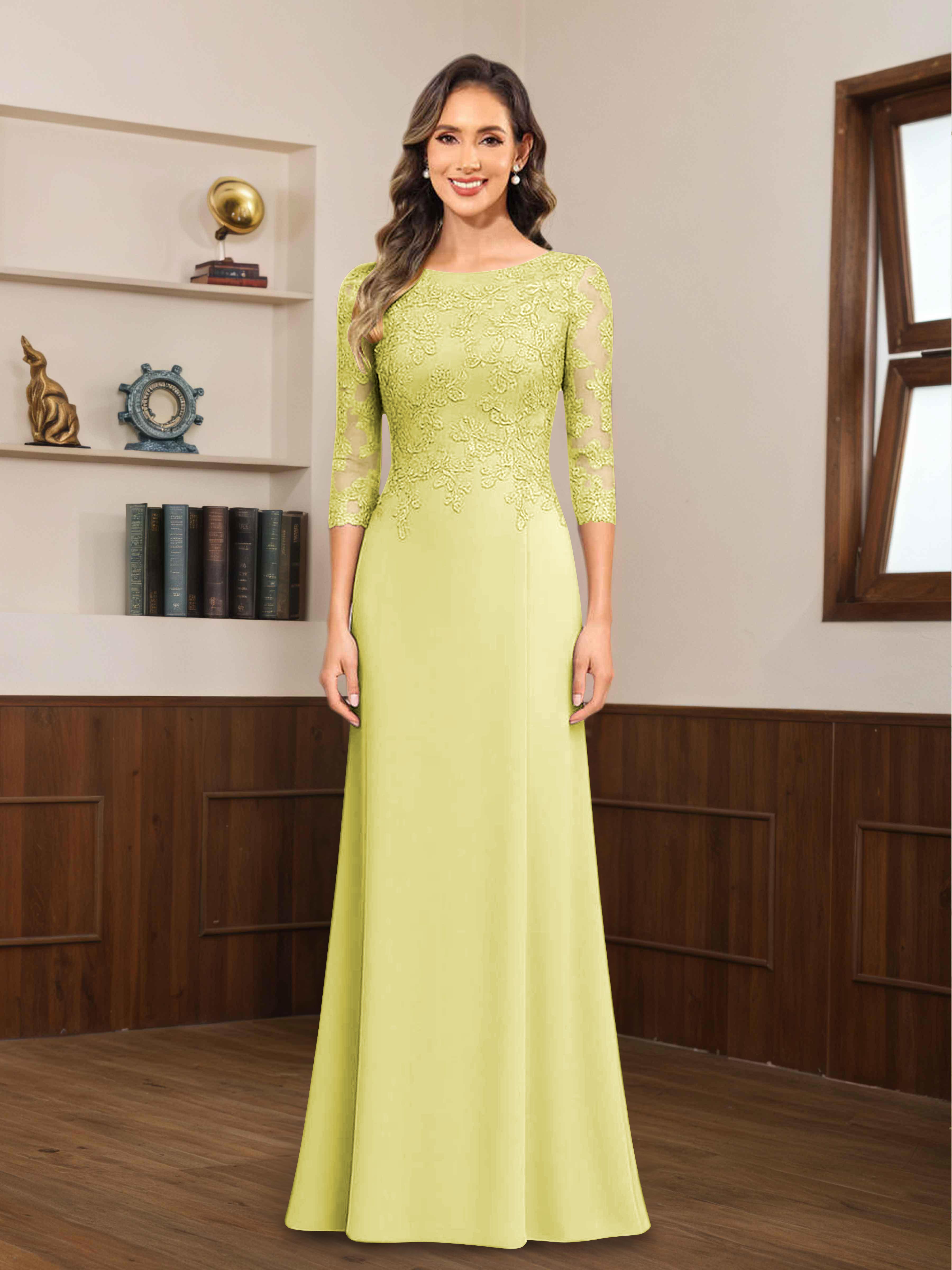 Mireya Delicate Sheath 3/4 Sleeves Long Lace Chiffon Mother of The Bride Dresses