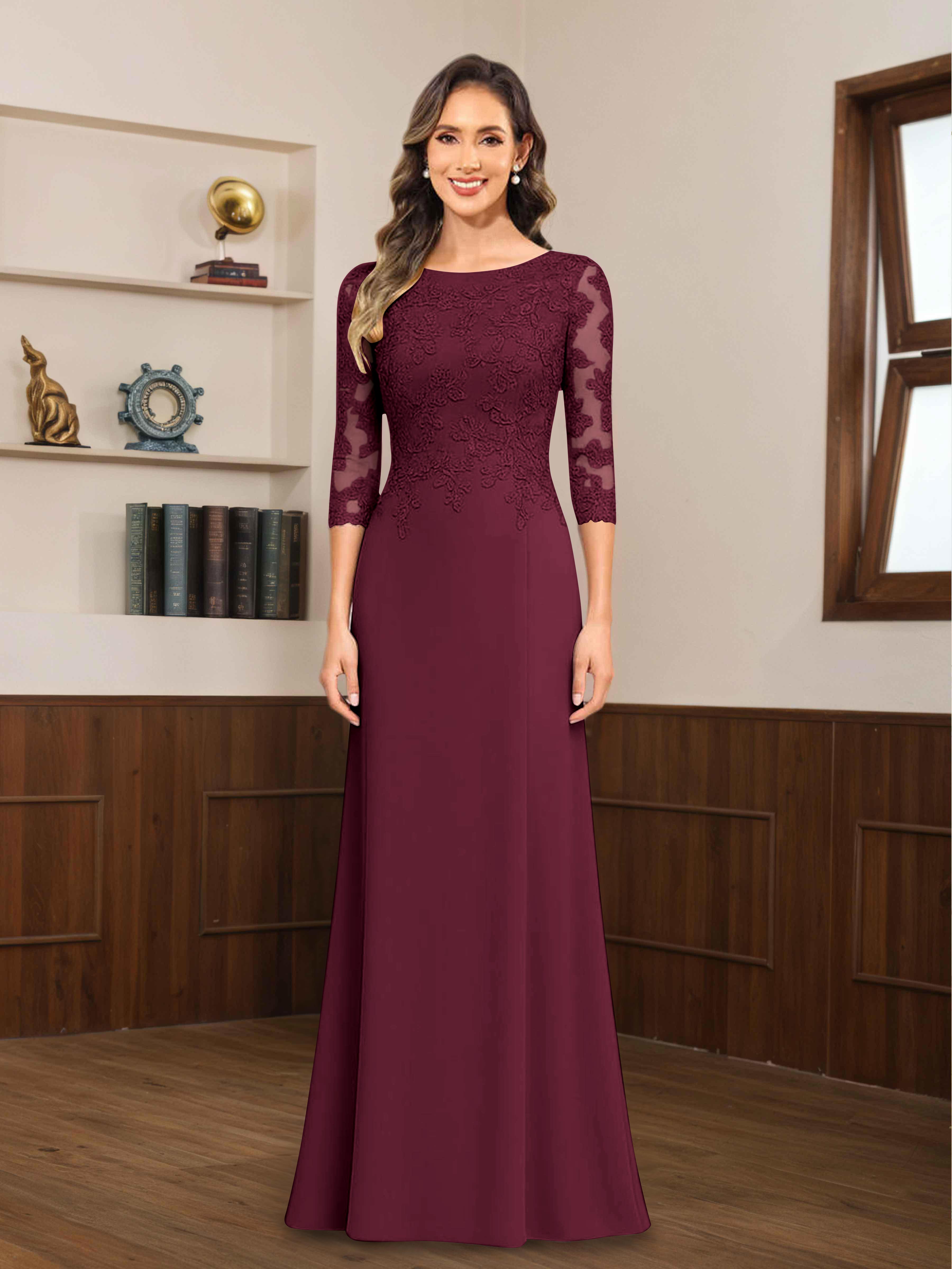 Mireya Delicate Sheath 3/4 Sleeves Long Lace Chiffon Mother of The Bride Dresses